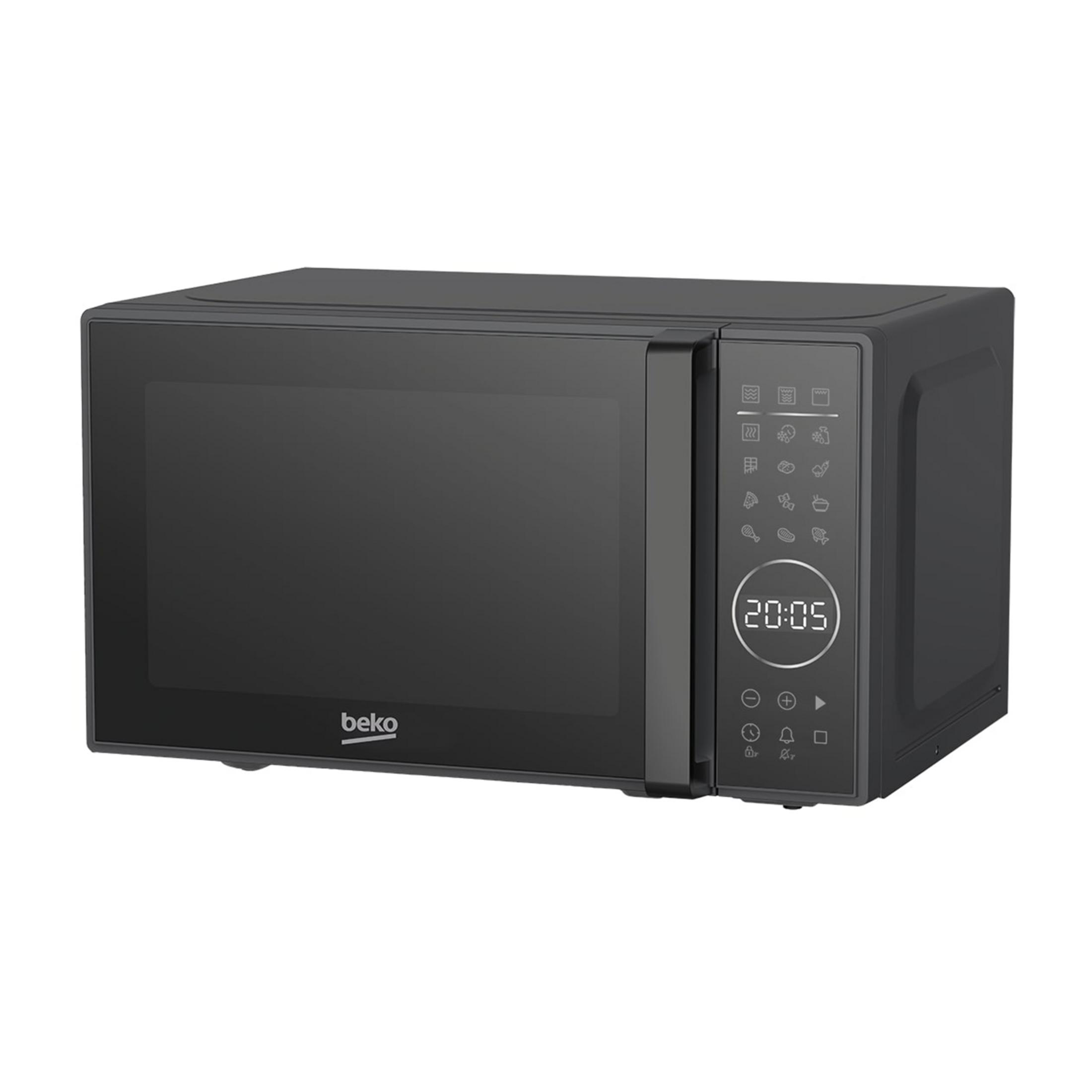 Black microwave with digital display and control buttons.