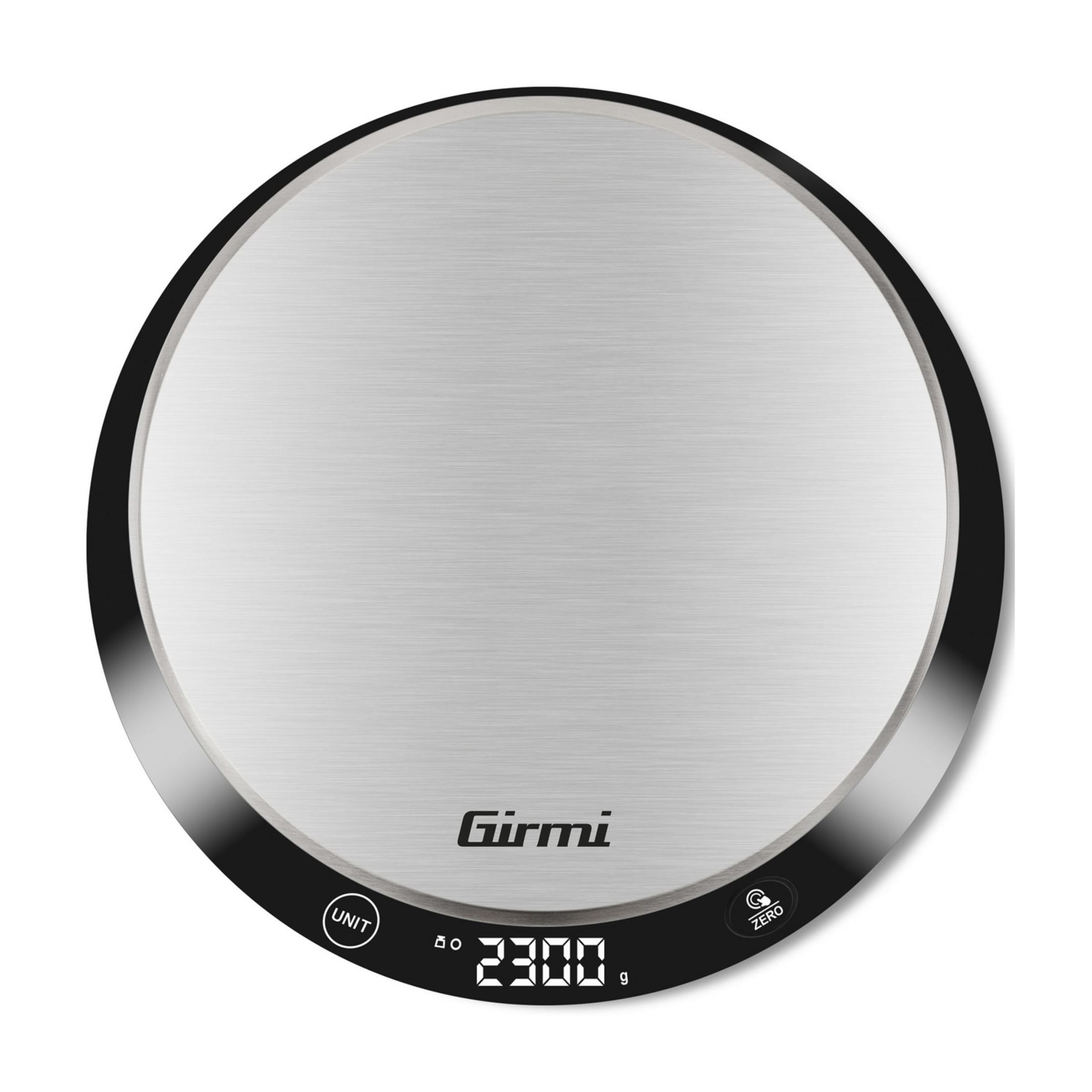 Runde digitale Küchenwaage mit silberner Oberfläche und schwarzem Rand. Anzeige: 2300g.