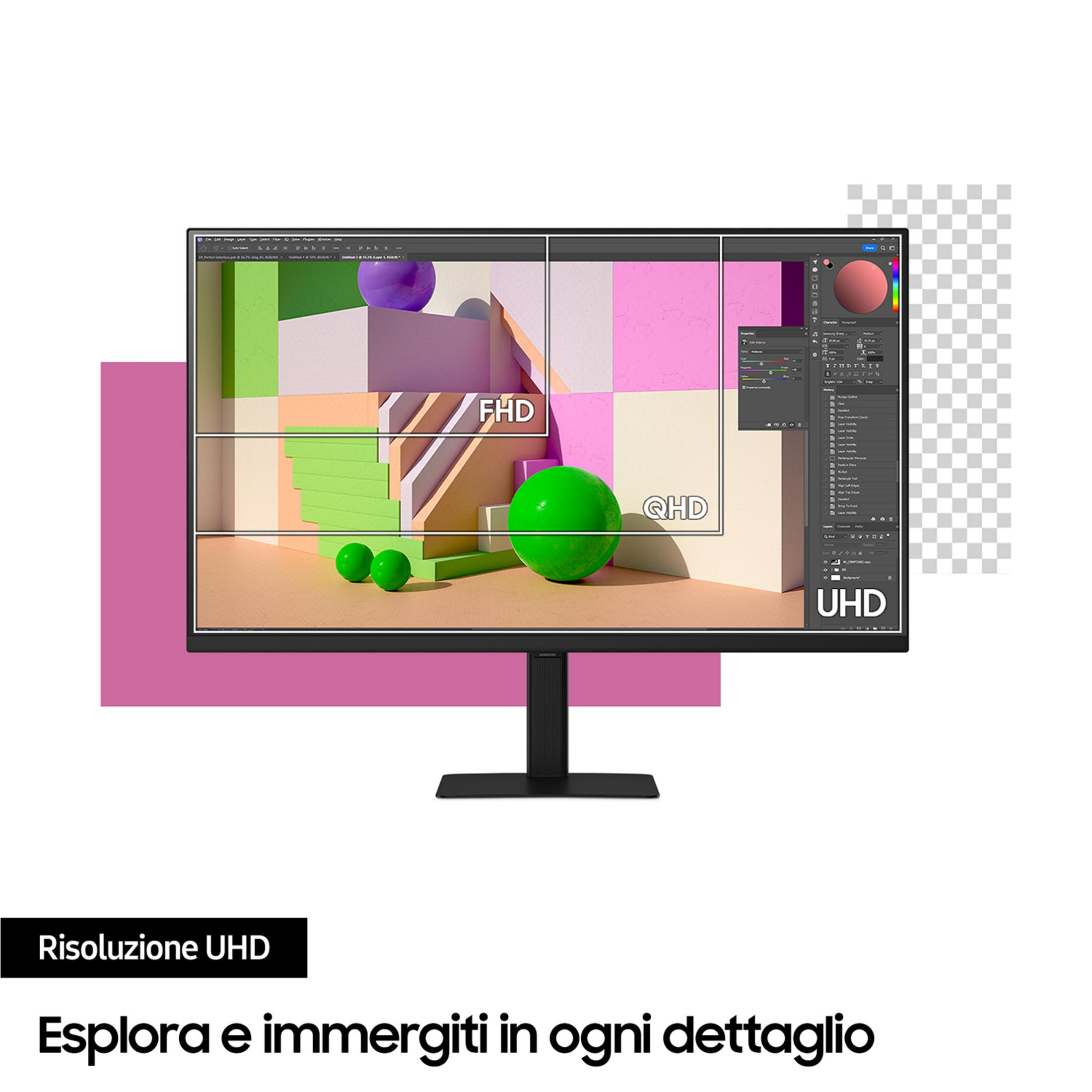 Monitor wyświetla grafikę 3D z zielonymi kulami i tekstem. UHD, QHD, FHD.
