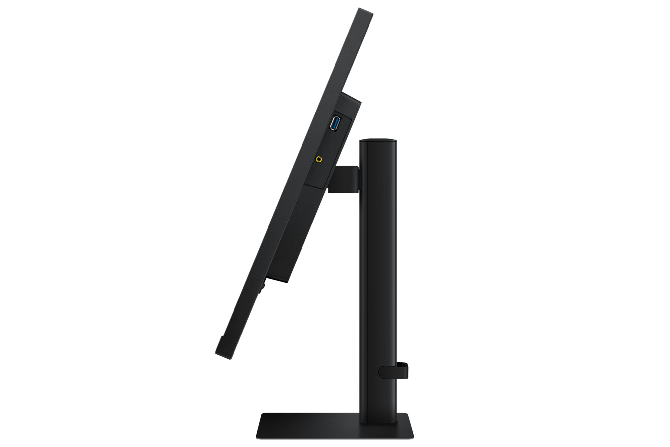 Czarny monitor z boku, z portami USB i audio.