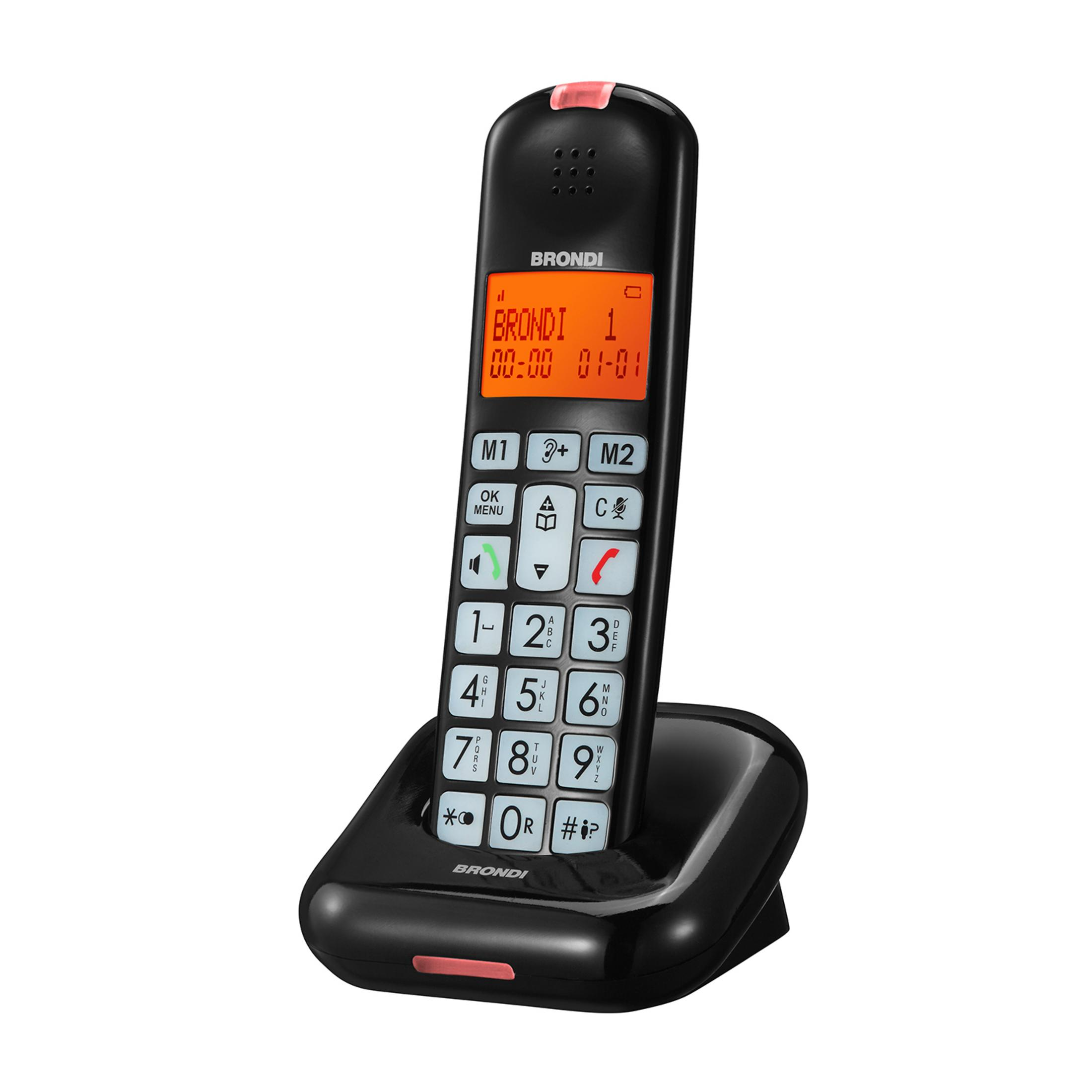 Schwarzes Schnurlose Telefon von Brondi mit großen Tasten und beleuchtetem Display.