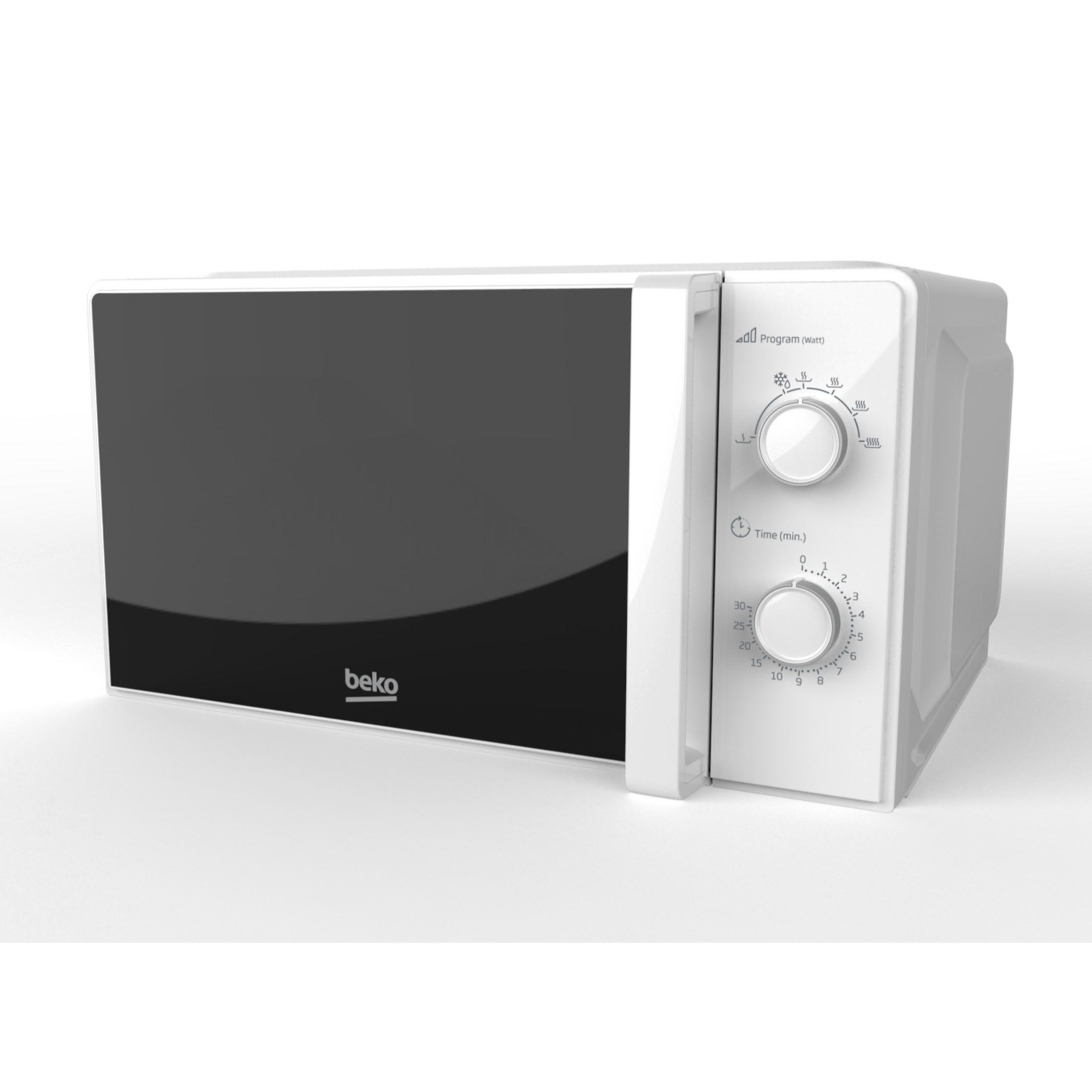 Biała kuchenka mikrofalowa Beko z czarnymi drzwiami i dwoma pokrętłami.