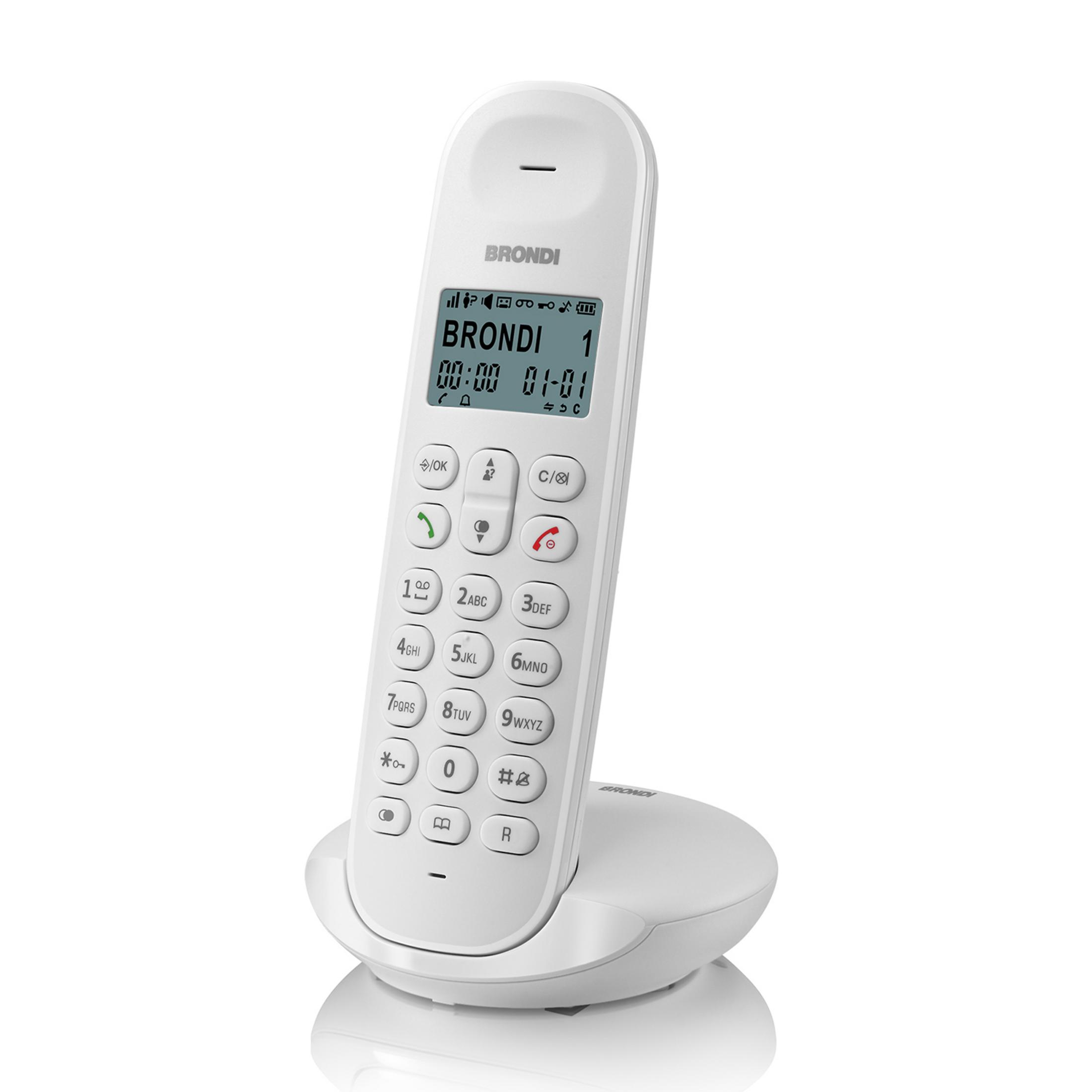 Ein weißes schnurloses Telefon auf seiner Ladestation, mit Brondi-Logo.