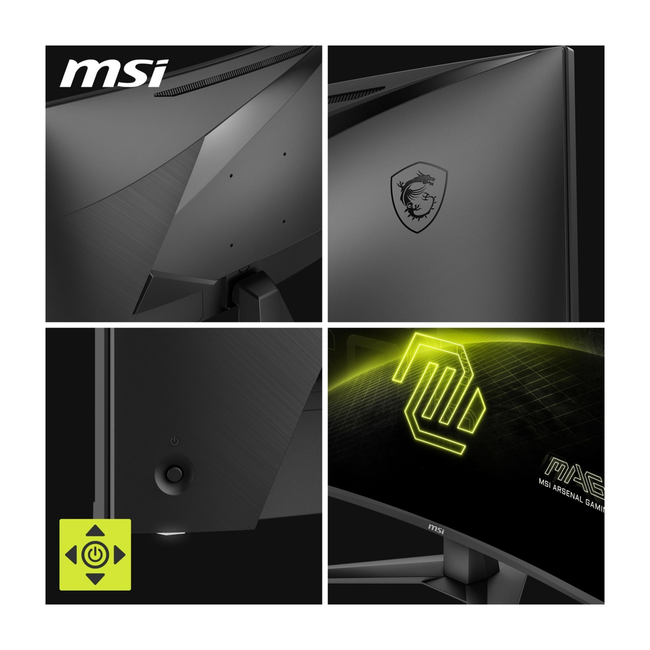 Detalles del monitor MSI: logo, botones, diseño. Gráficos de neón con rejilla.