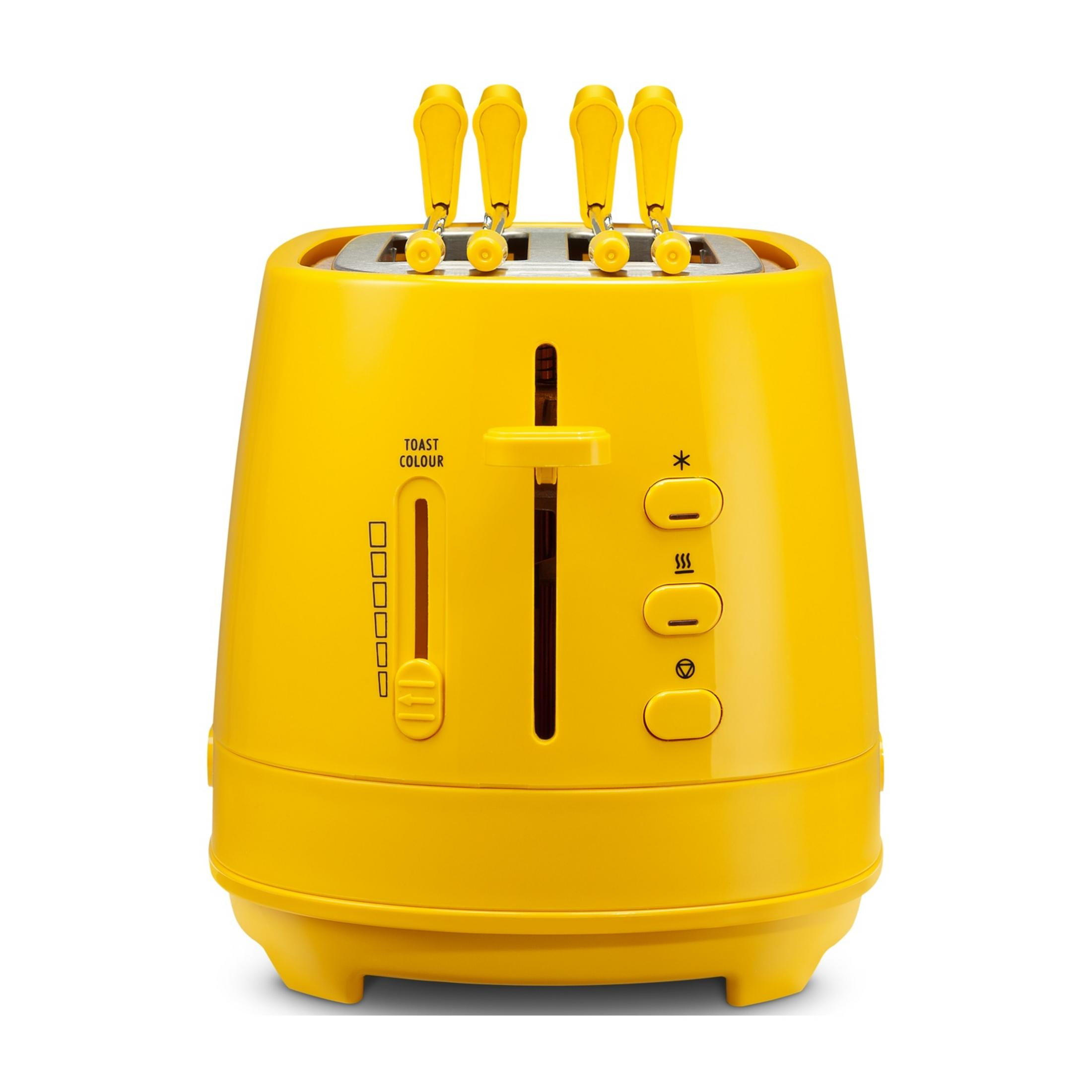 Żółty toster na cztery kromki z srebrnymi dźwigniami.