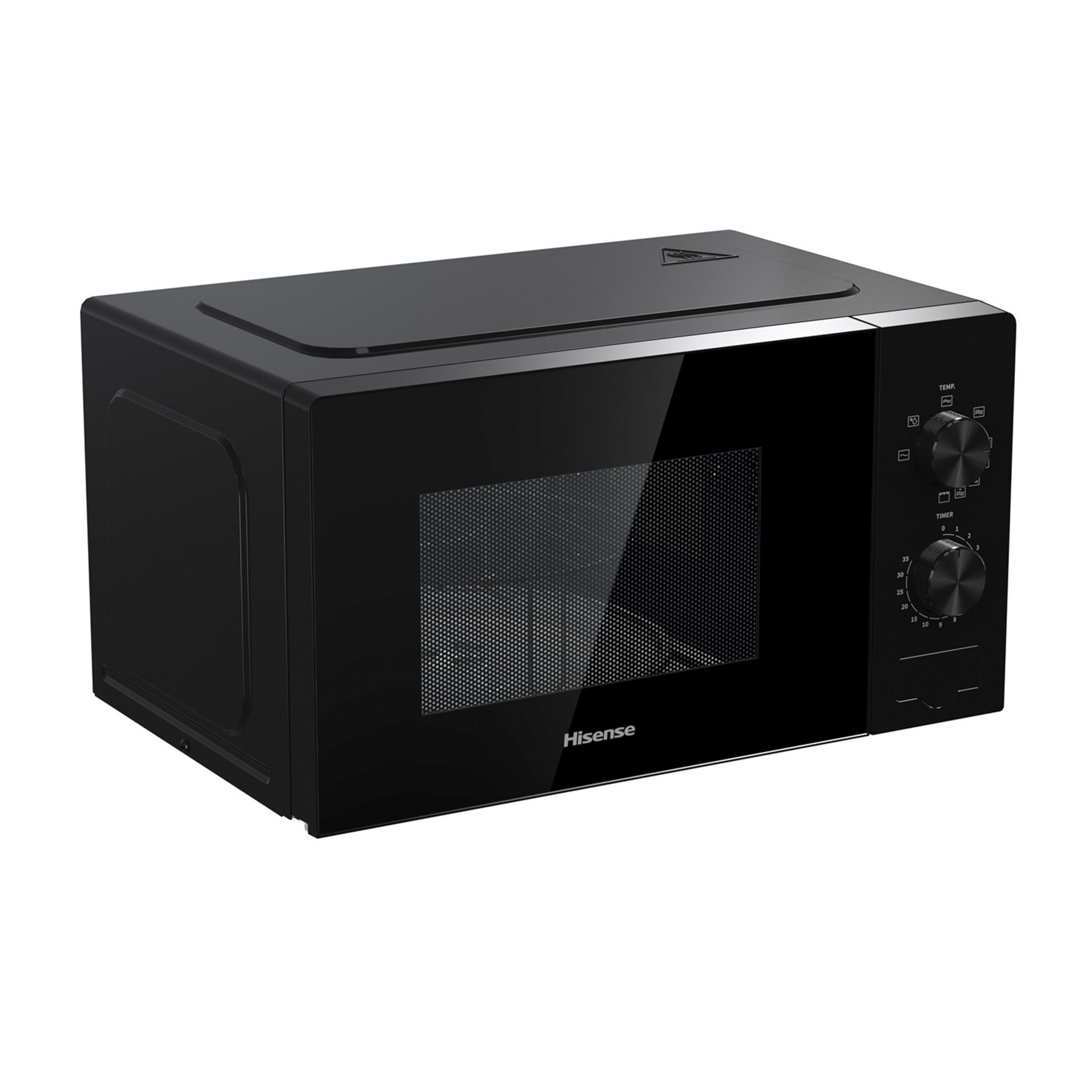 Czarna kuchenka mikrofalowa Hisense z pokretlami sterujacymi i szklanymi drzwiami.