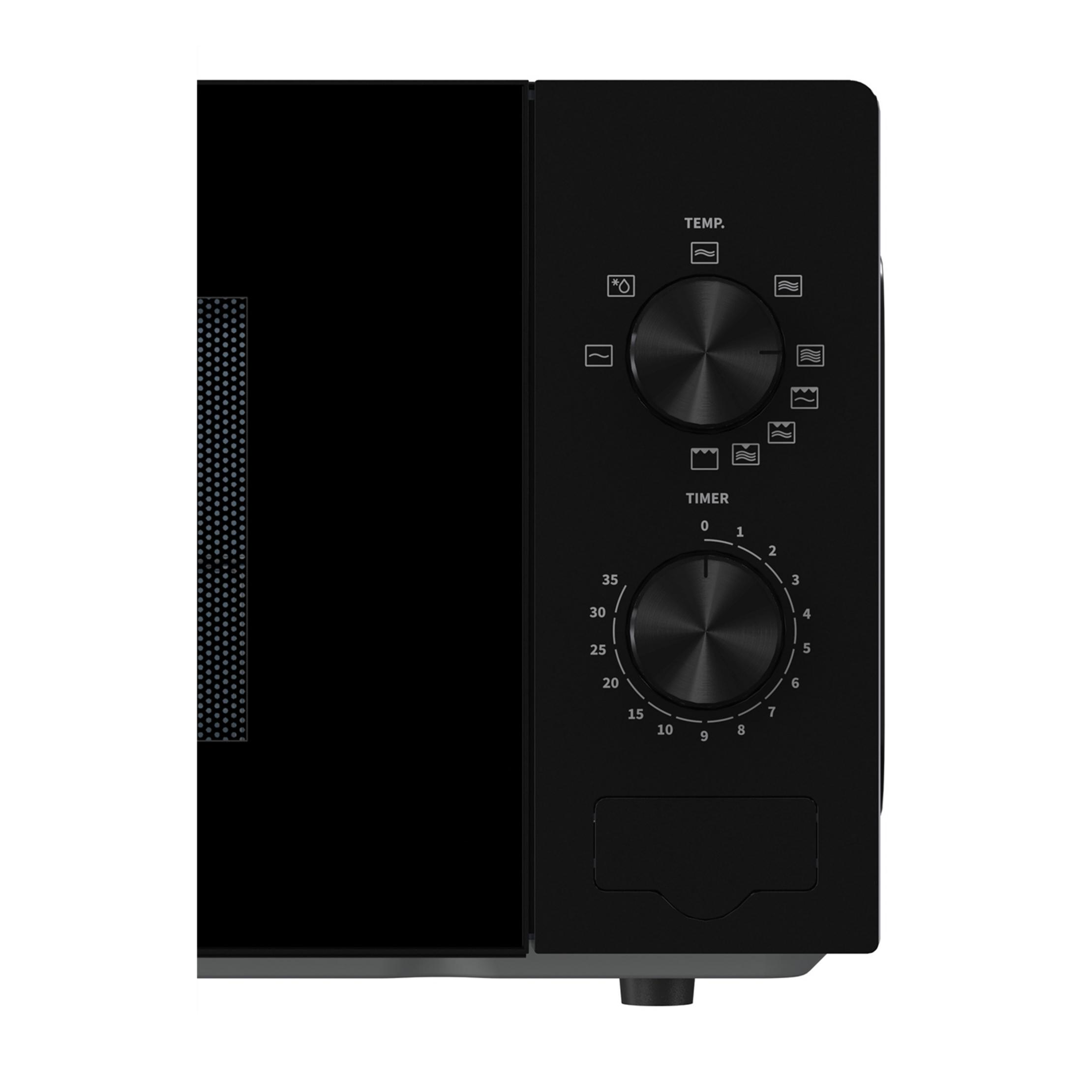 Czarna kuchenka mikrofalowa z pokrętłami temperatury i timera.