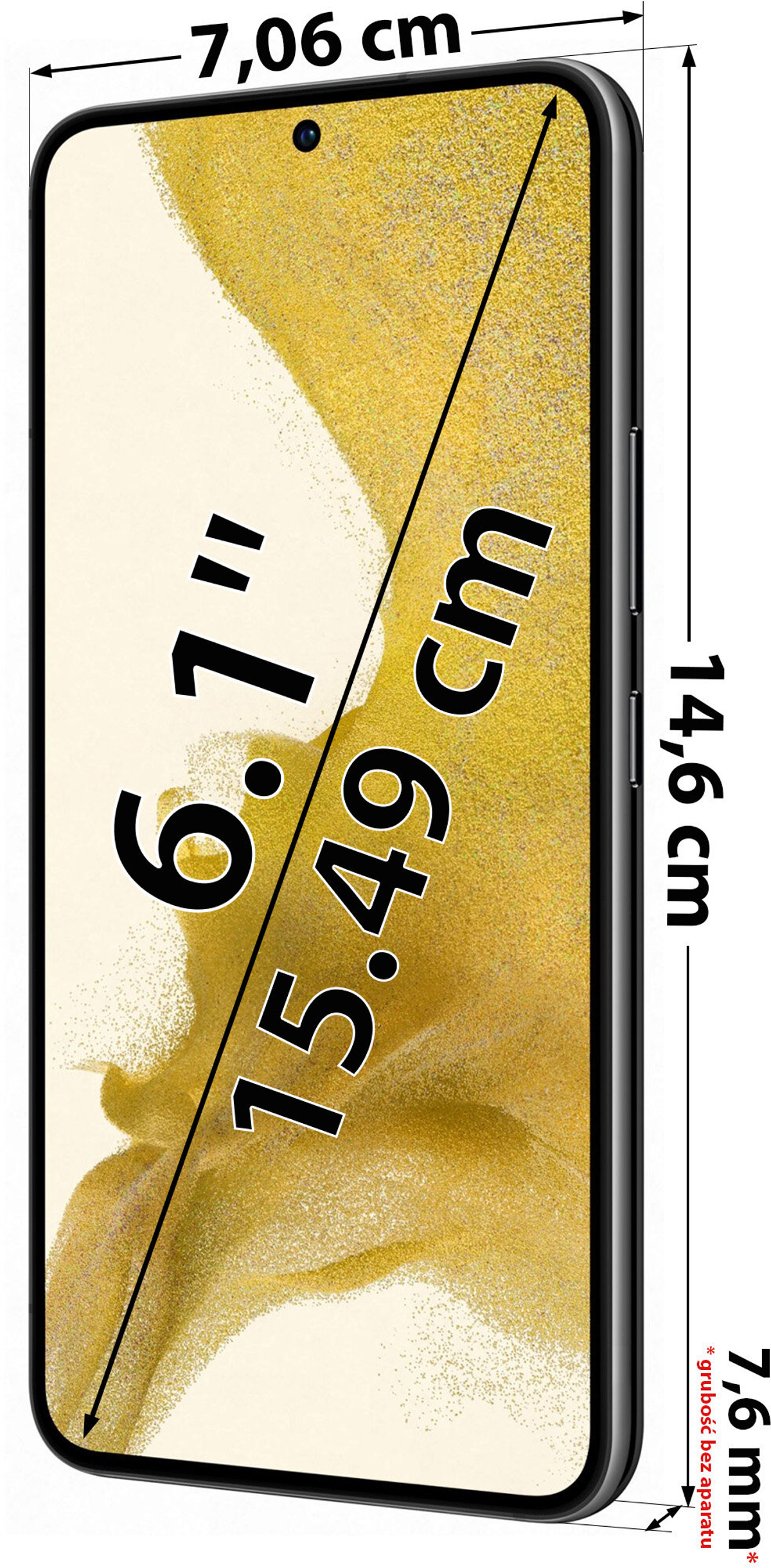 Smartfon o wymiarach: 7,06 cm szerokości, 14,6 cm wysokości, ekran 6,1 cala.