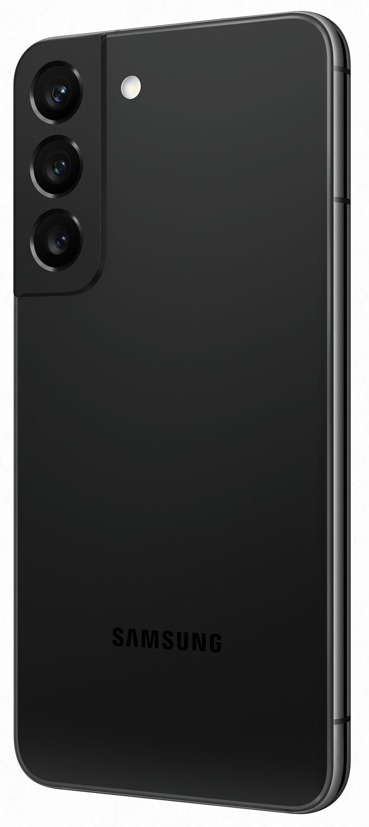 Czarny smartfon Samsung z trzema aparatami i lampą błyskową.