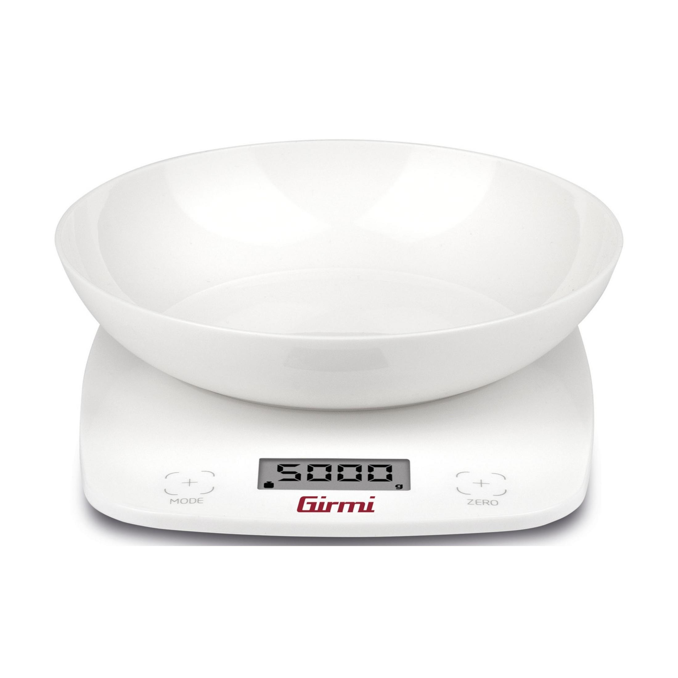 Biała cyfrowa waga kuchenna z miską i wyświetlaczem 5000g.
