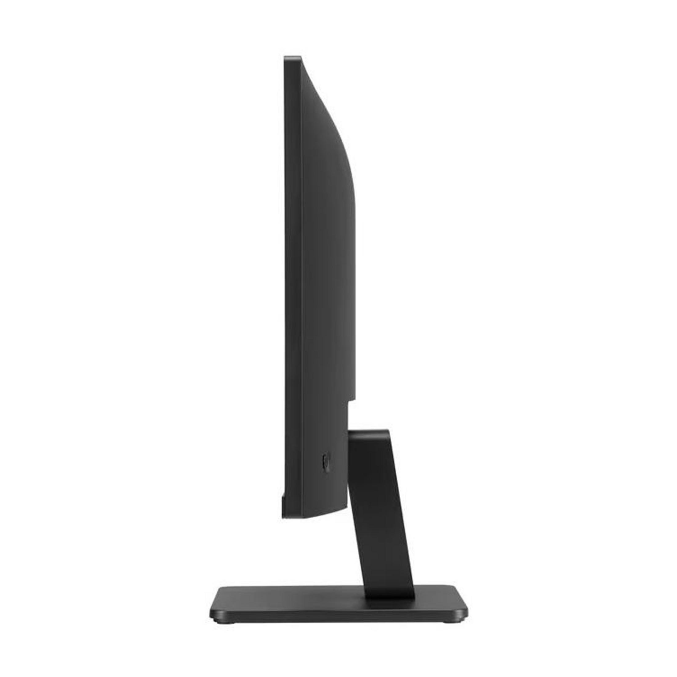 Czarny monitor komputerowy widziany z boku, z wąską ramką i podstawą.