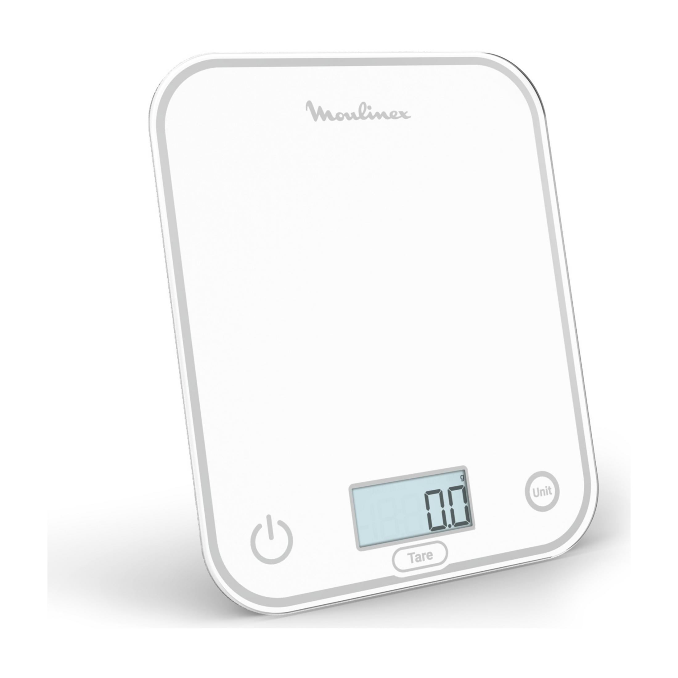 Biała waga kuchenna z cyfrowym wyświetlaczem i logo Moulinex.