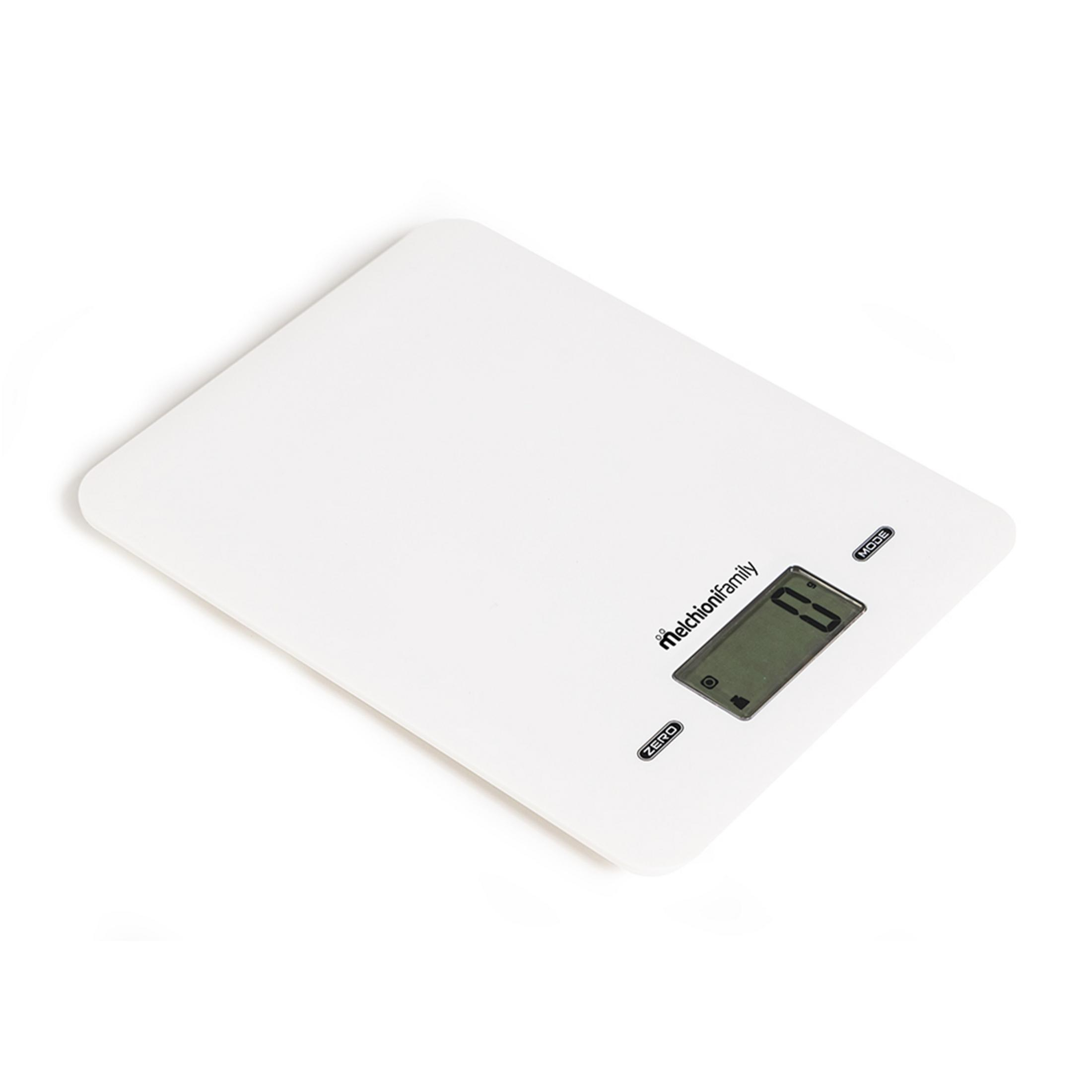 A white digital kitchen scale with a digital display showing zero.