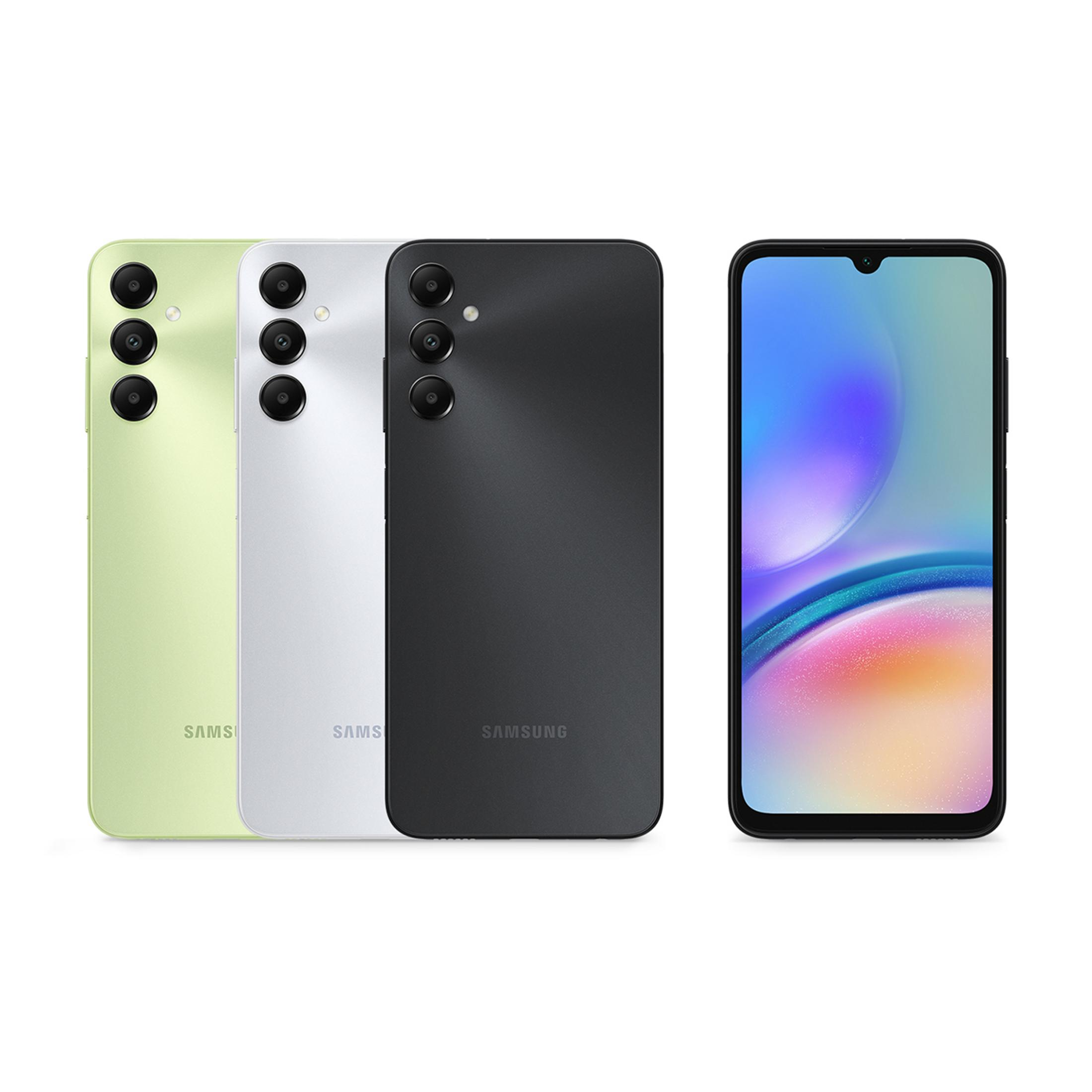Tre smartphone verdi, argentati e neri, accanto a uno smartphone con display colorato.