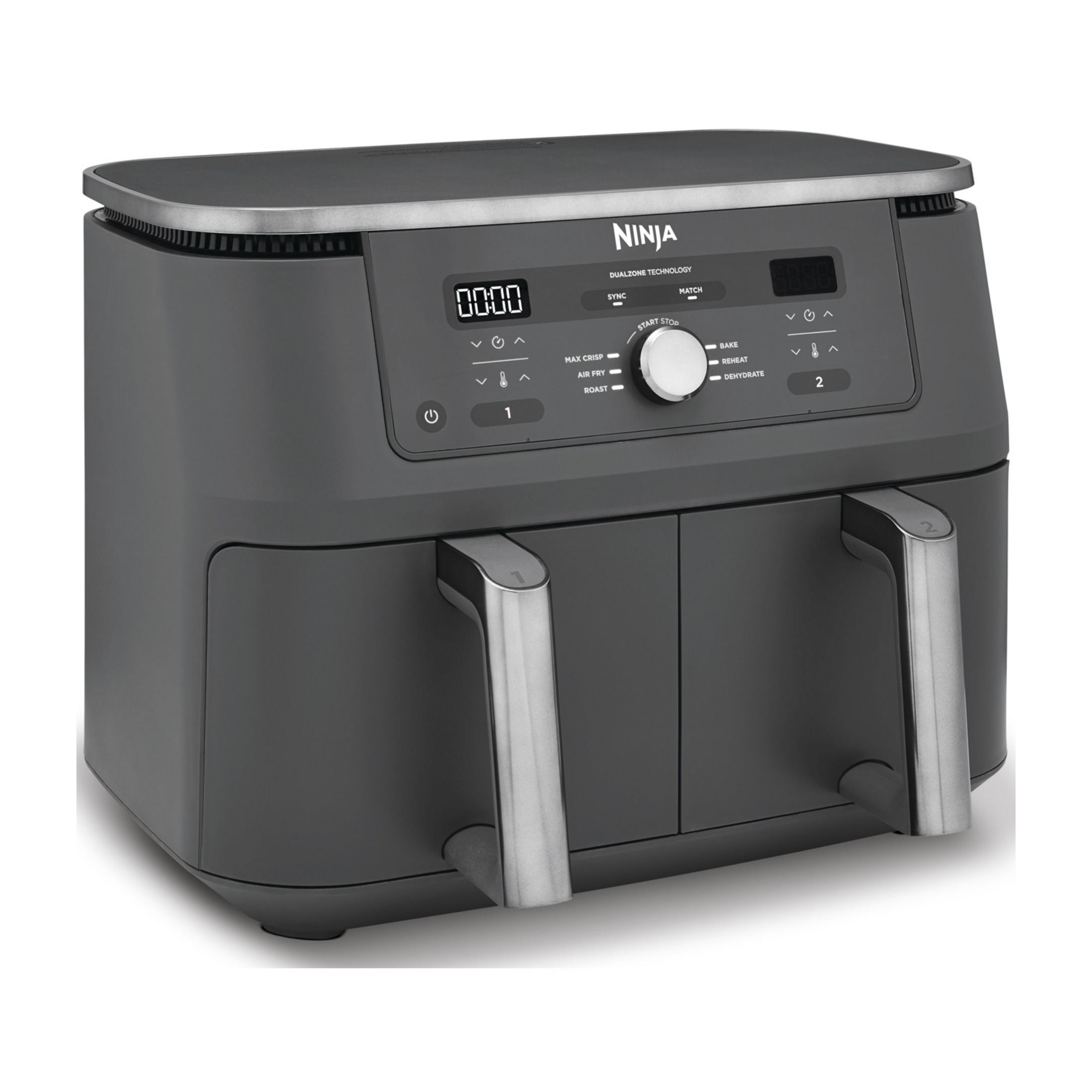 Szara frytkownica beztłuszczowa Ninja z dwoma koszami i cyfrowym wyświetlaczem.
