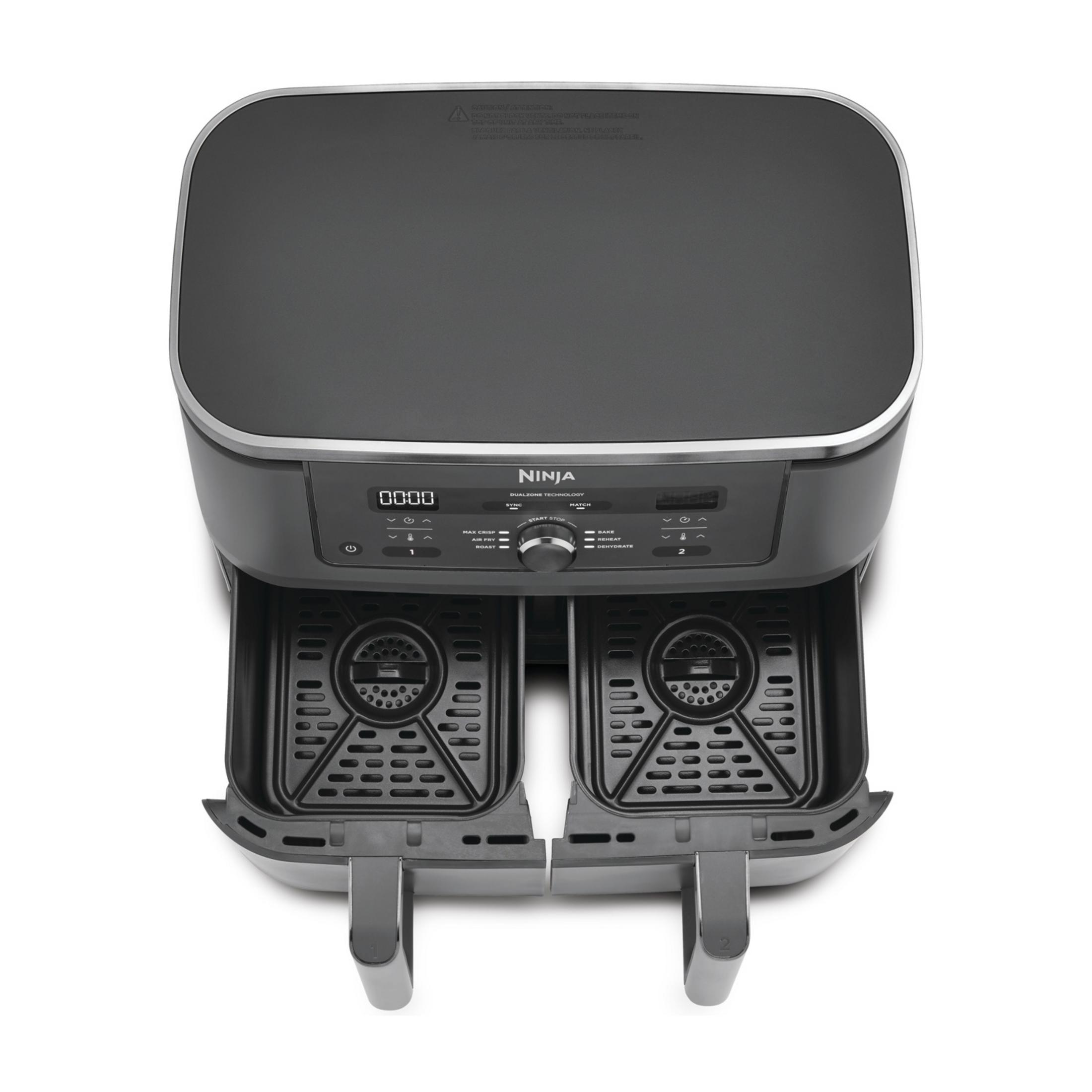 Czarna frytkownica beztłuszczowa Ninja DualZone z dwoma szufladami i cyfrowym sterowaniem.