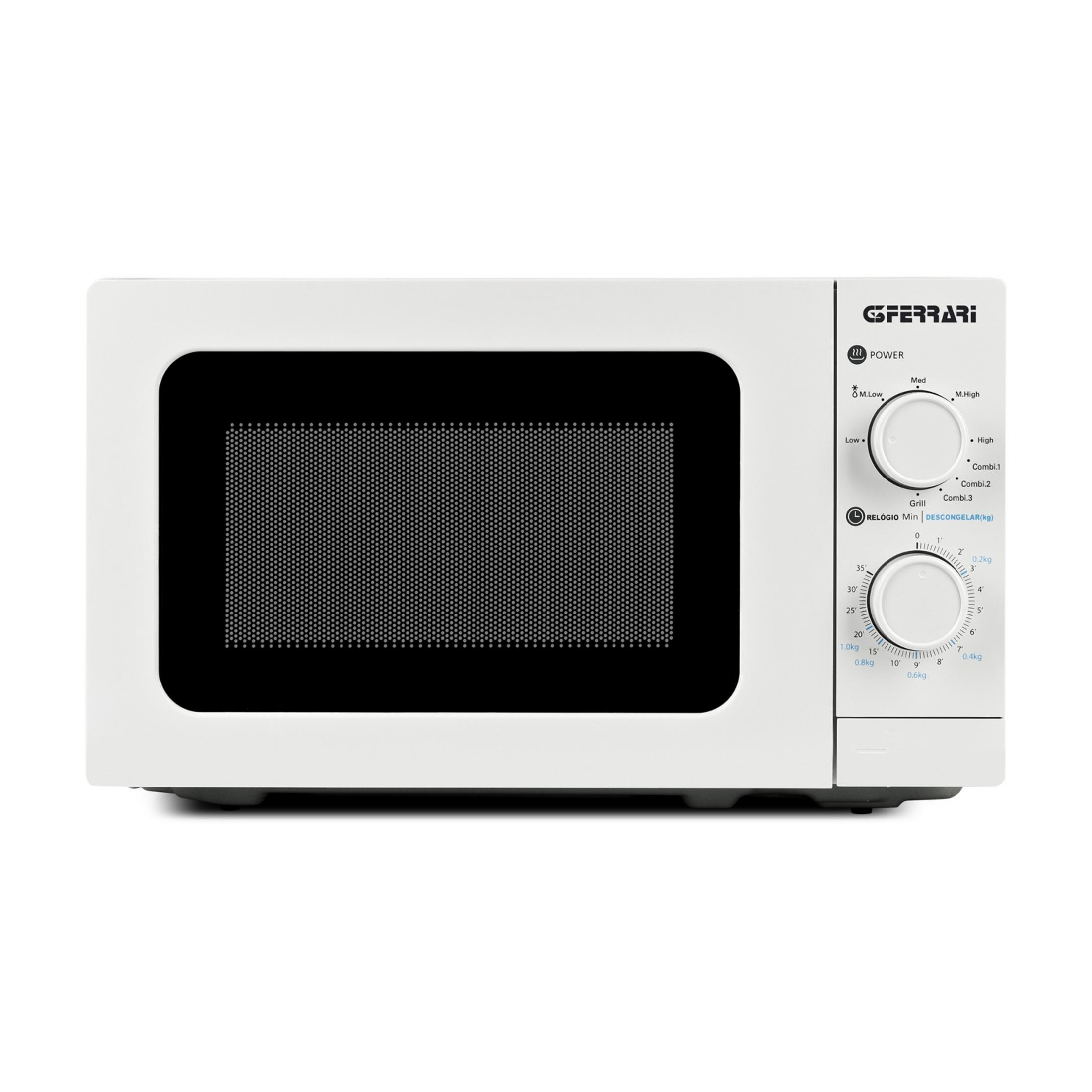 White microwave with a black door and control panel featuring two dials.