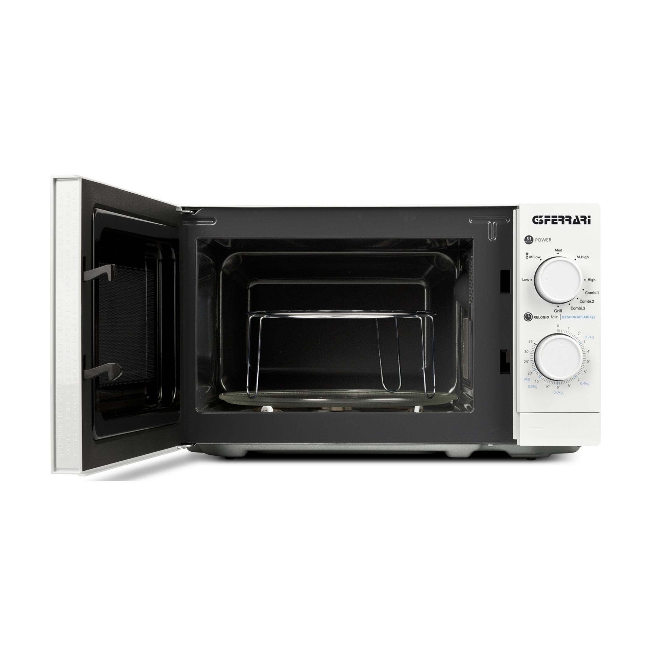 A white GFERRARI microwave oven with its door open, showing a glass turntable and rack.
