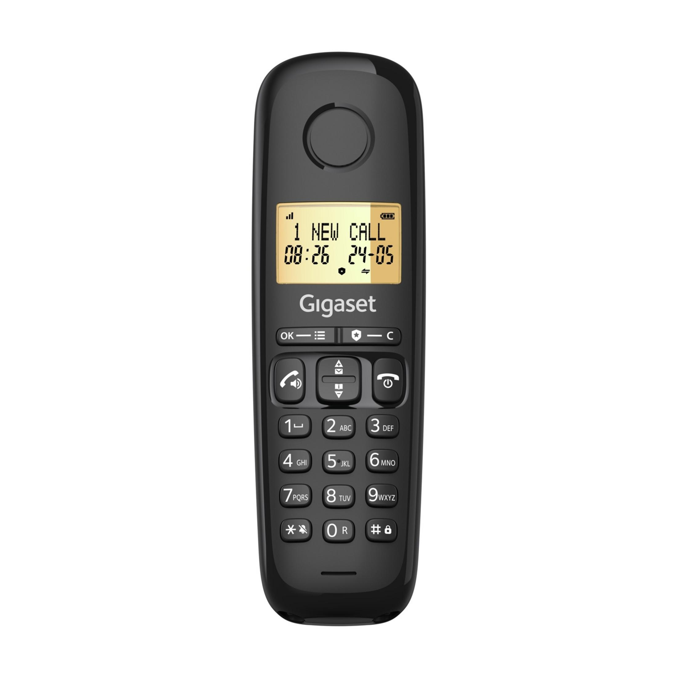 Telefono cordless Gigaset nero con display che mostra "1 NEW CALL".