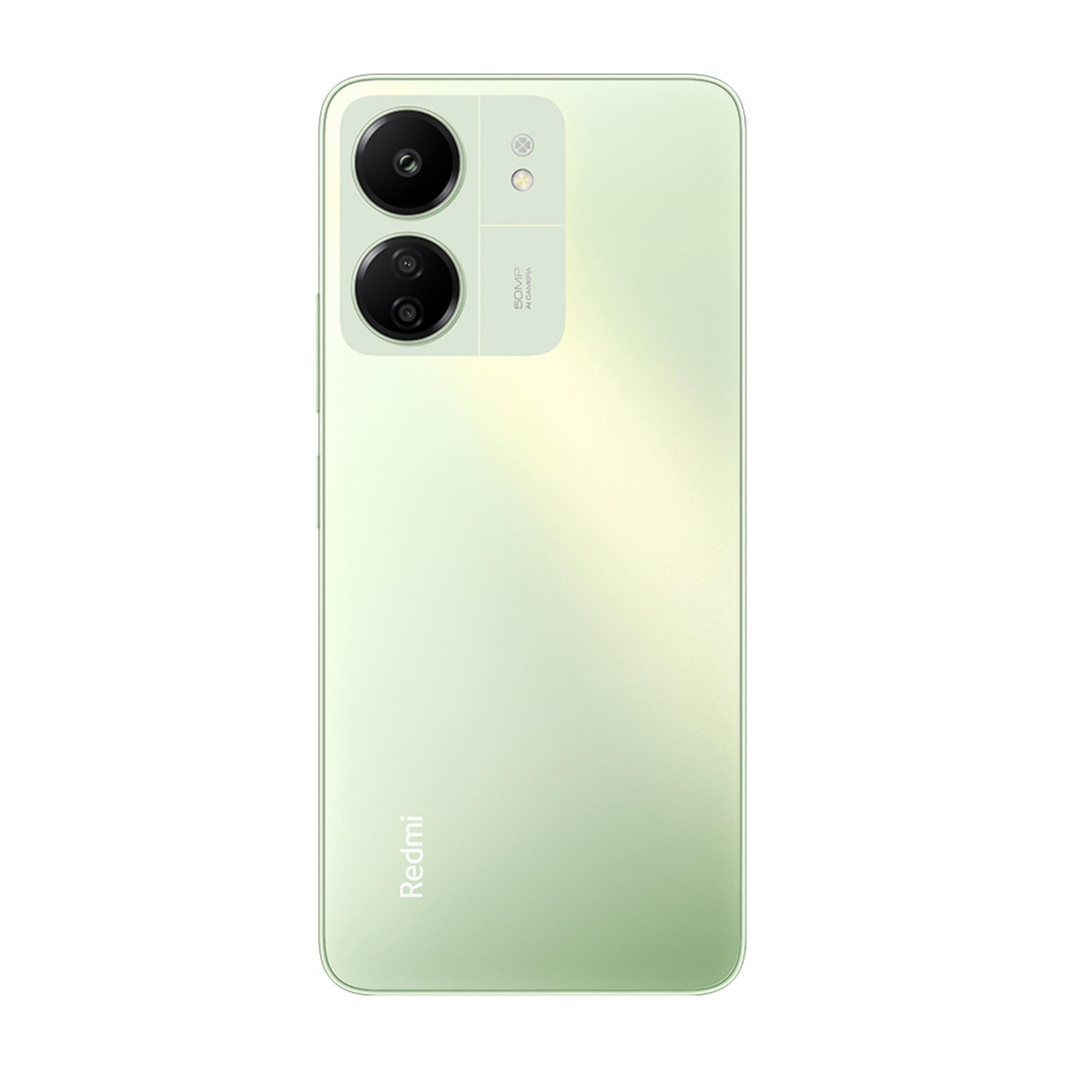 Ein hellgrünes Smartphone mit doppelter Kamera und Redmi-Logo auf der Rückseite.