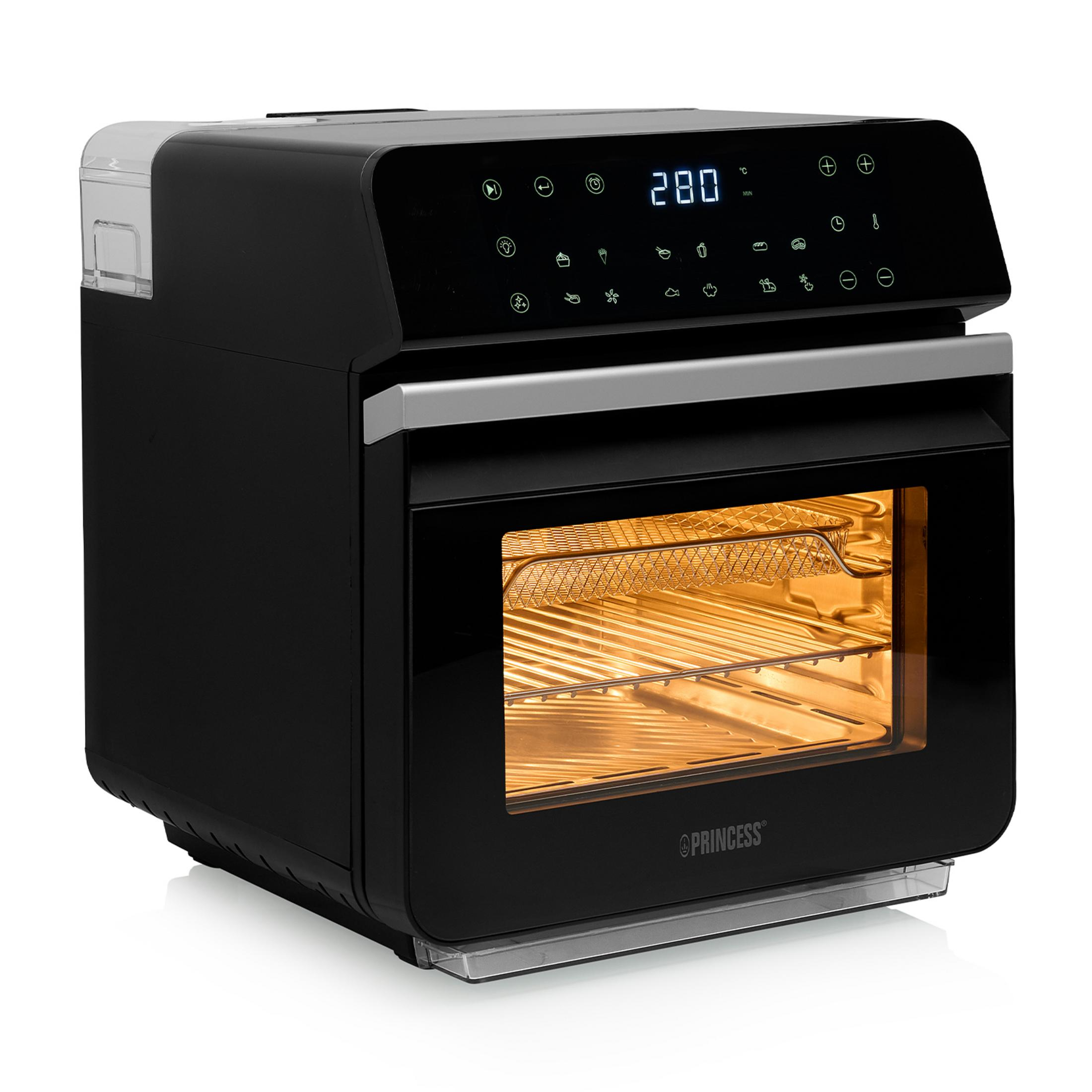 Forno friggitrice ad aria nero con display digitale che mostra 280 gradi e luce interna.