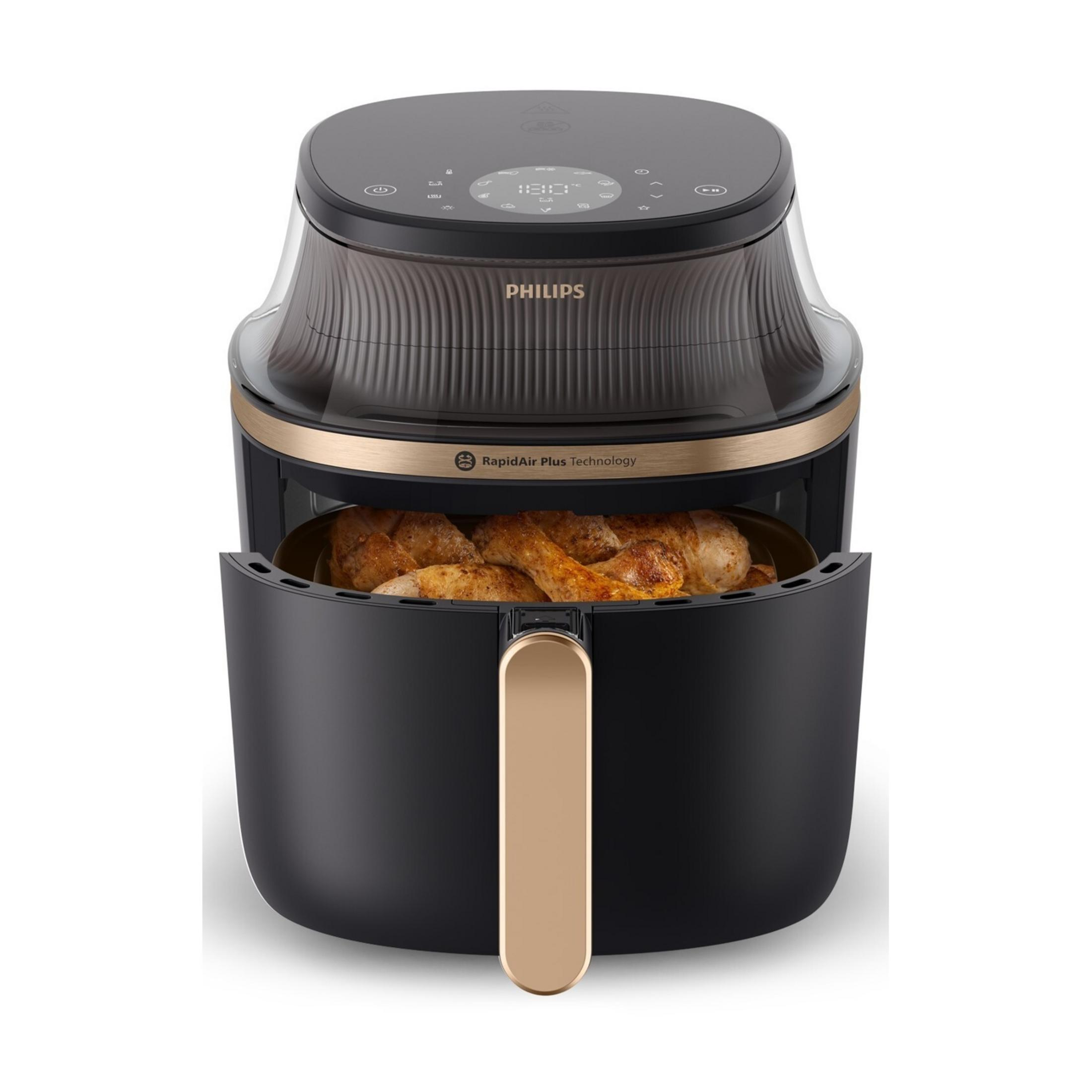 Czarna frytkownica beztłuszczowa Philips z pieczonym kurczakiem i ekranem dotykowym.
