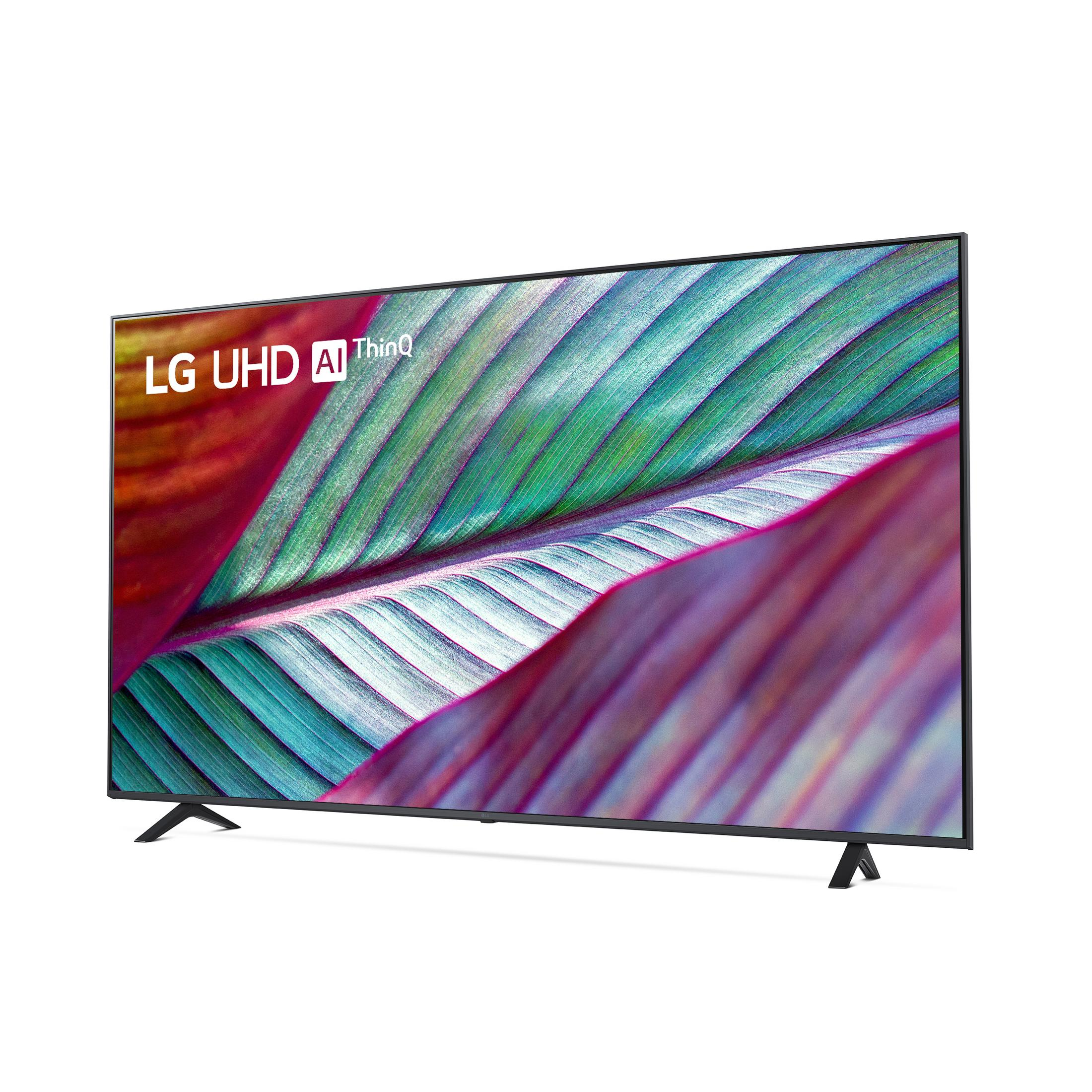 Una TV LG UHD AI ThinQ con motivo astratto di foglie sullo schermo.