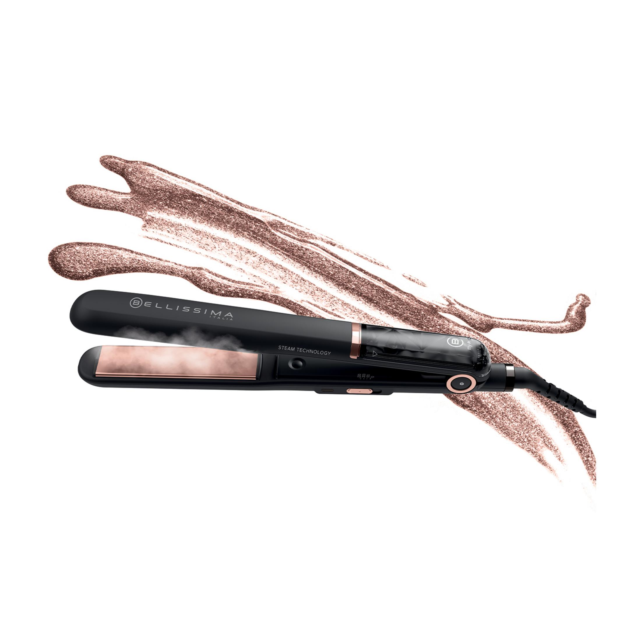 Czarna prostownica parowa z różowo-złotymi akcentami na brokatowym tle.