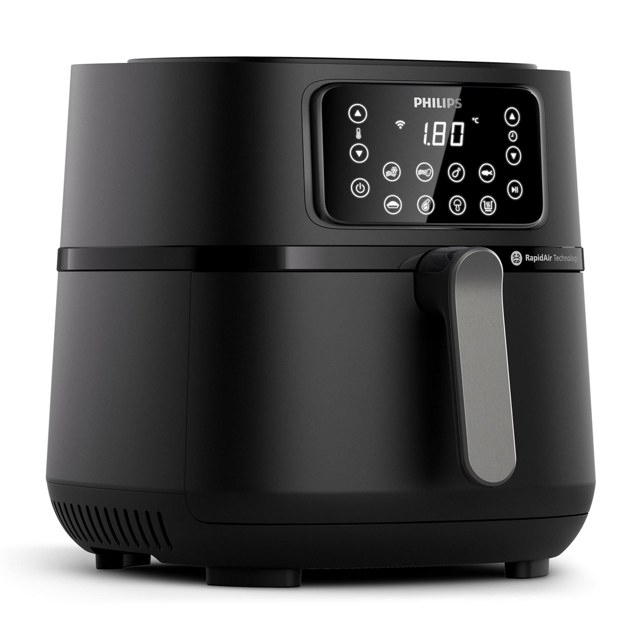 Schwarze Heißluftfritteuse mit digitalem Display und silbernem Griff.