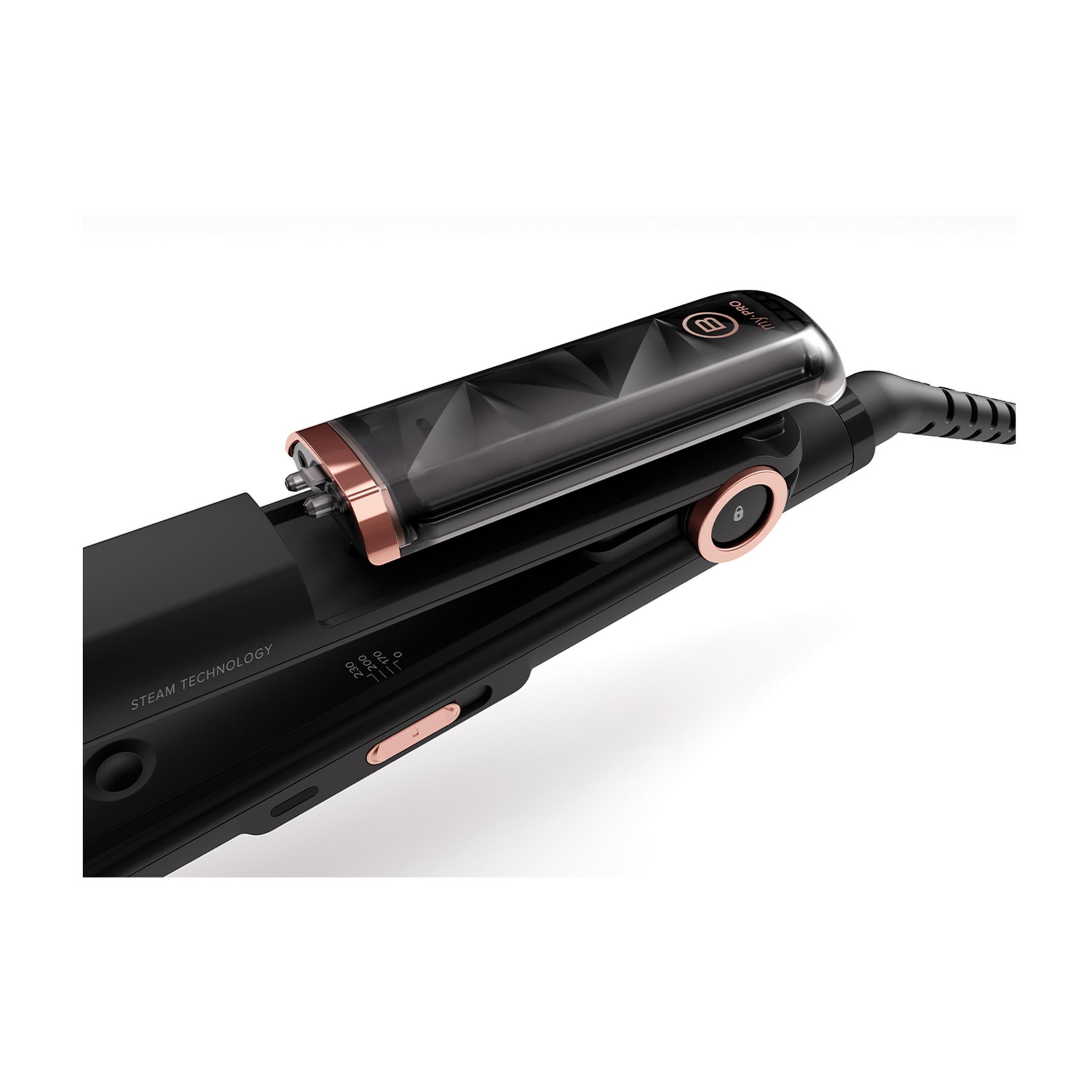 Czarna prostownica do włosów z miedzianymi akcentami i technologią parową.