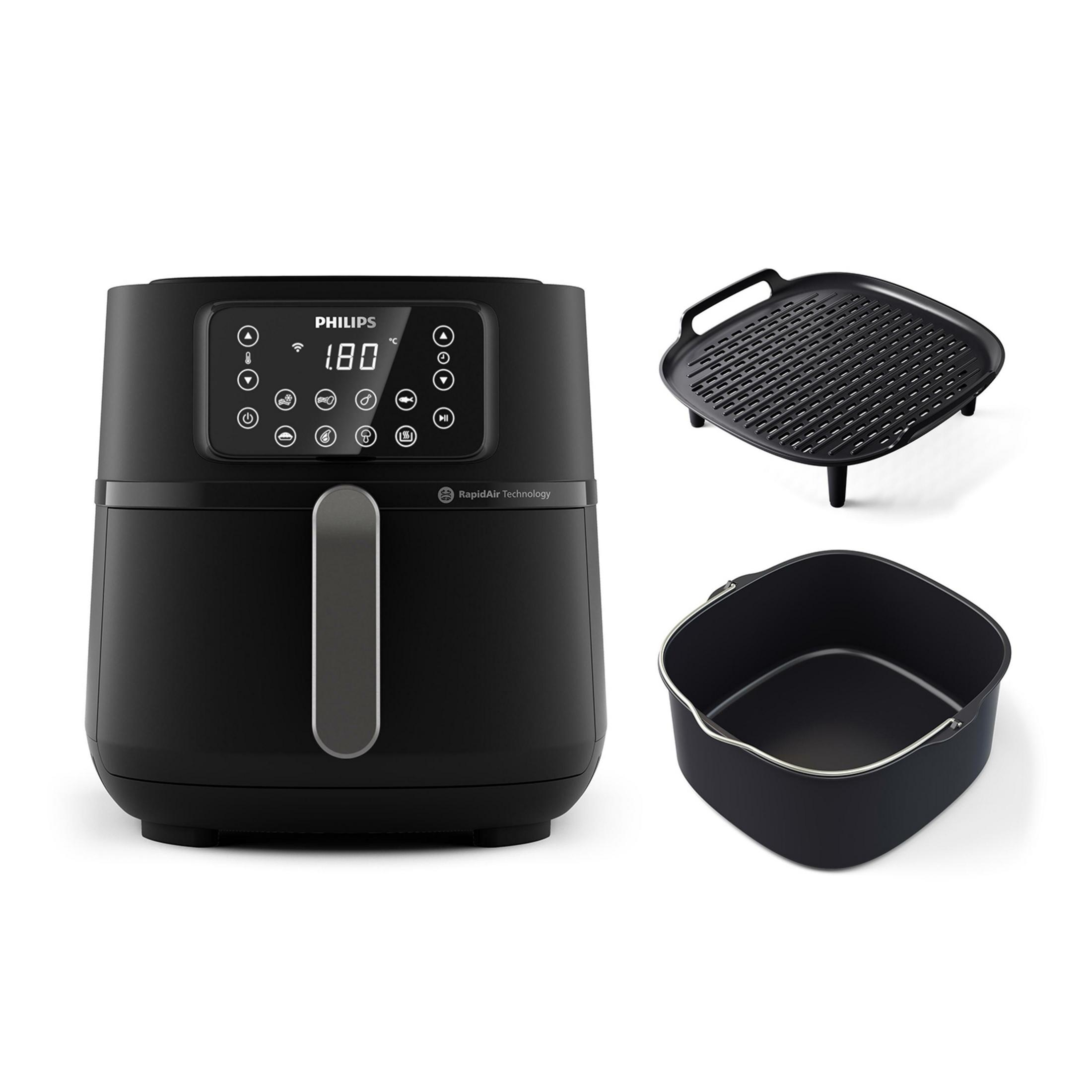 Schwarzer Philips Heißluftfritteuse mit digitalem Display und Zubehör.