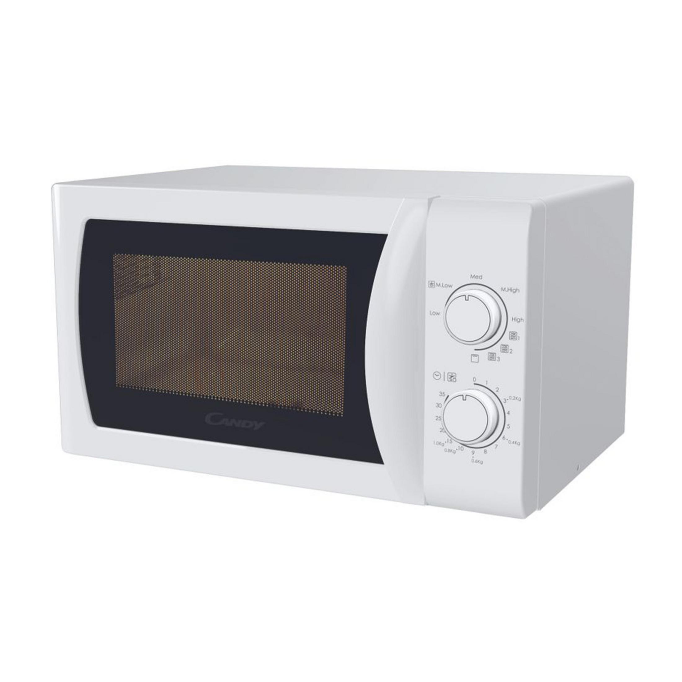 Een witte Candy magnetron met twee draaiknoppen en een zwart deurframe.