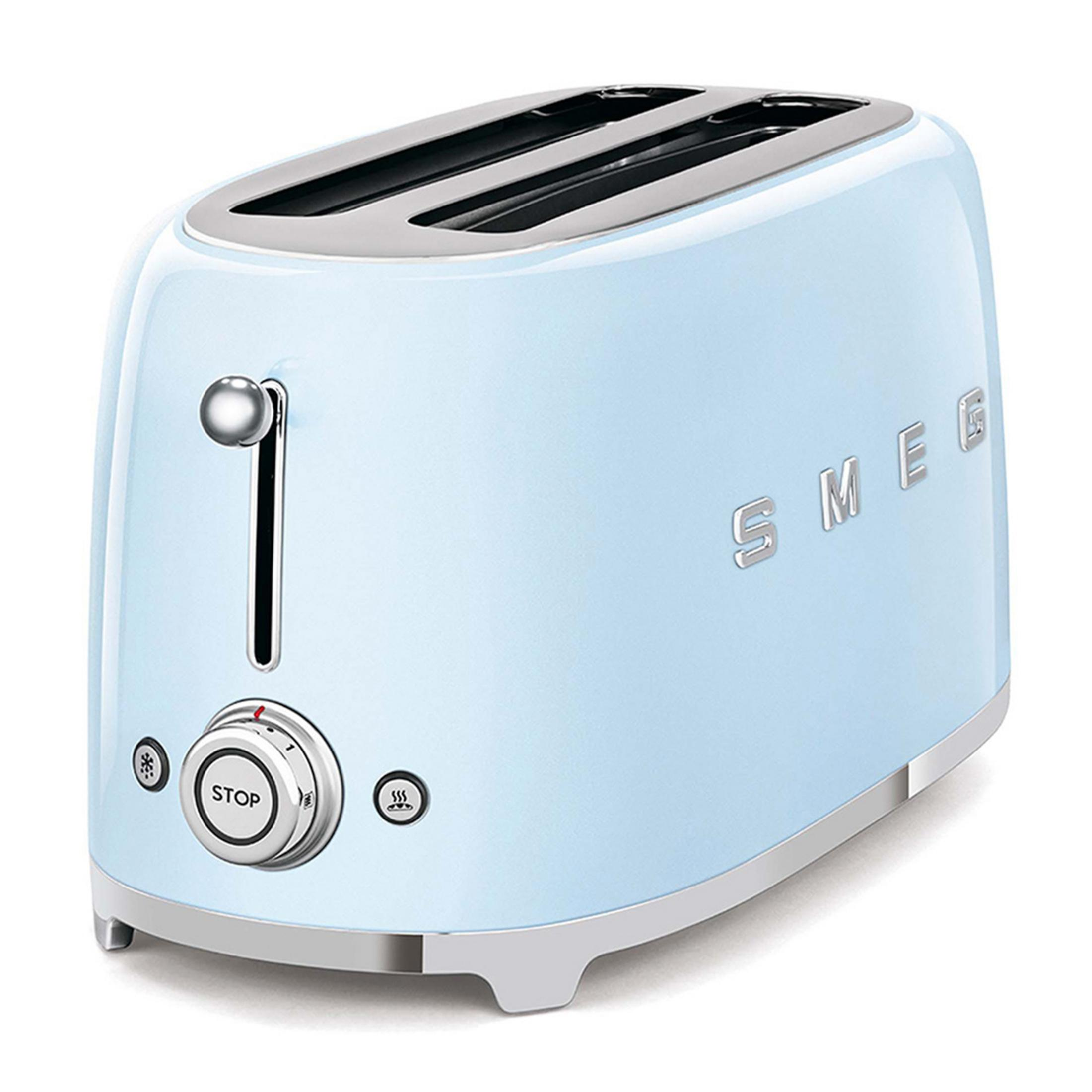 A light blue SMEG toaster with chrome accents and control buttons.
