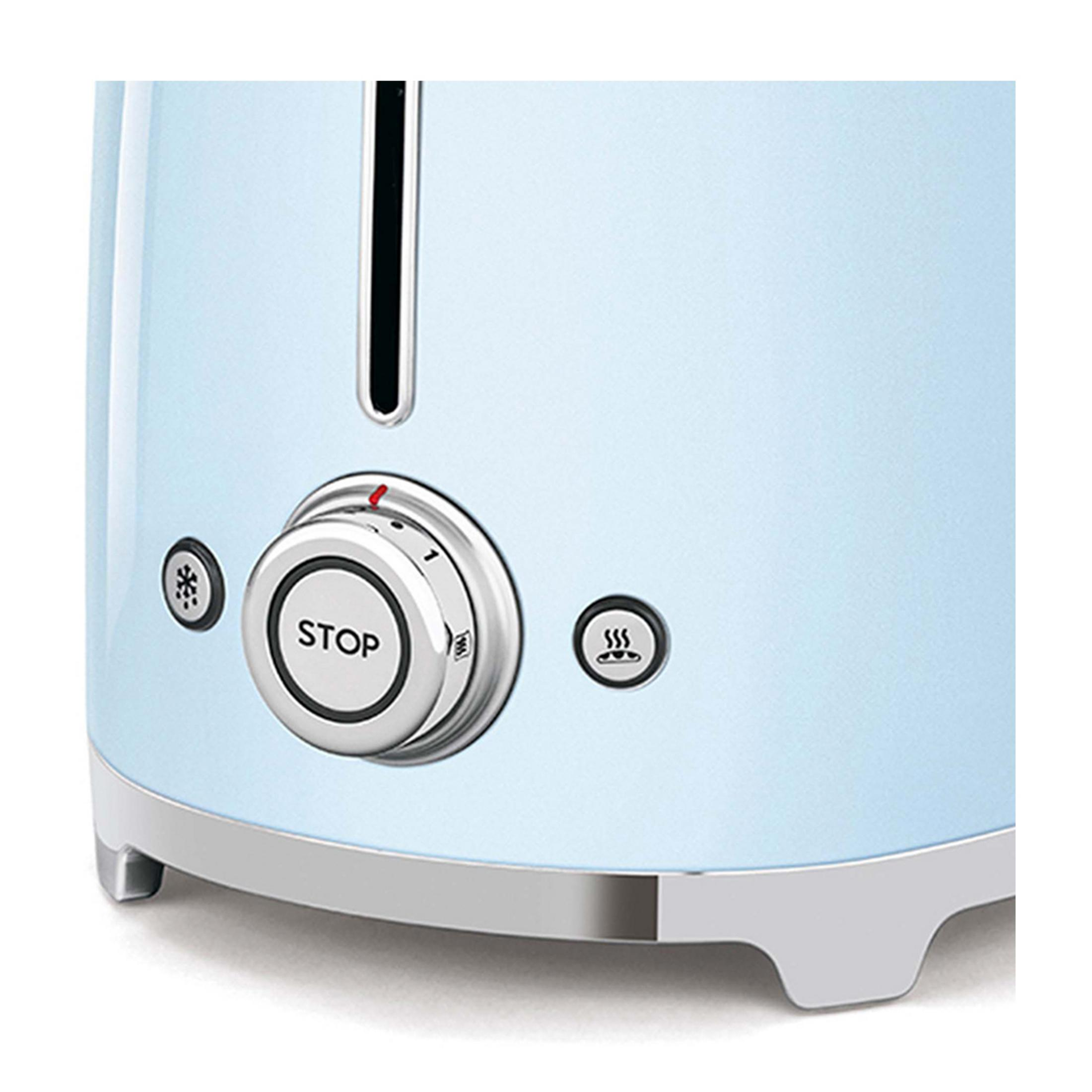 Light blue toaster with a dial, stop button, snowflake, and flame icons.