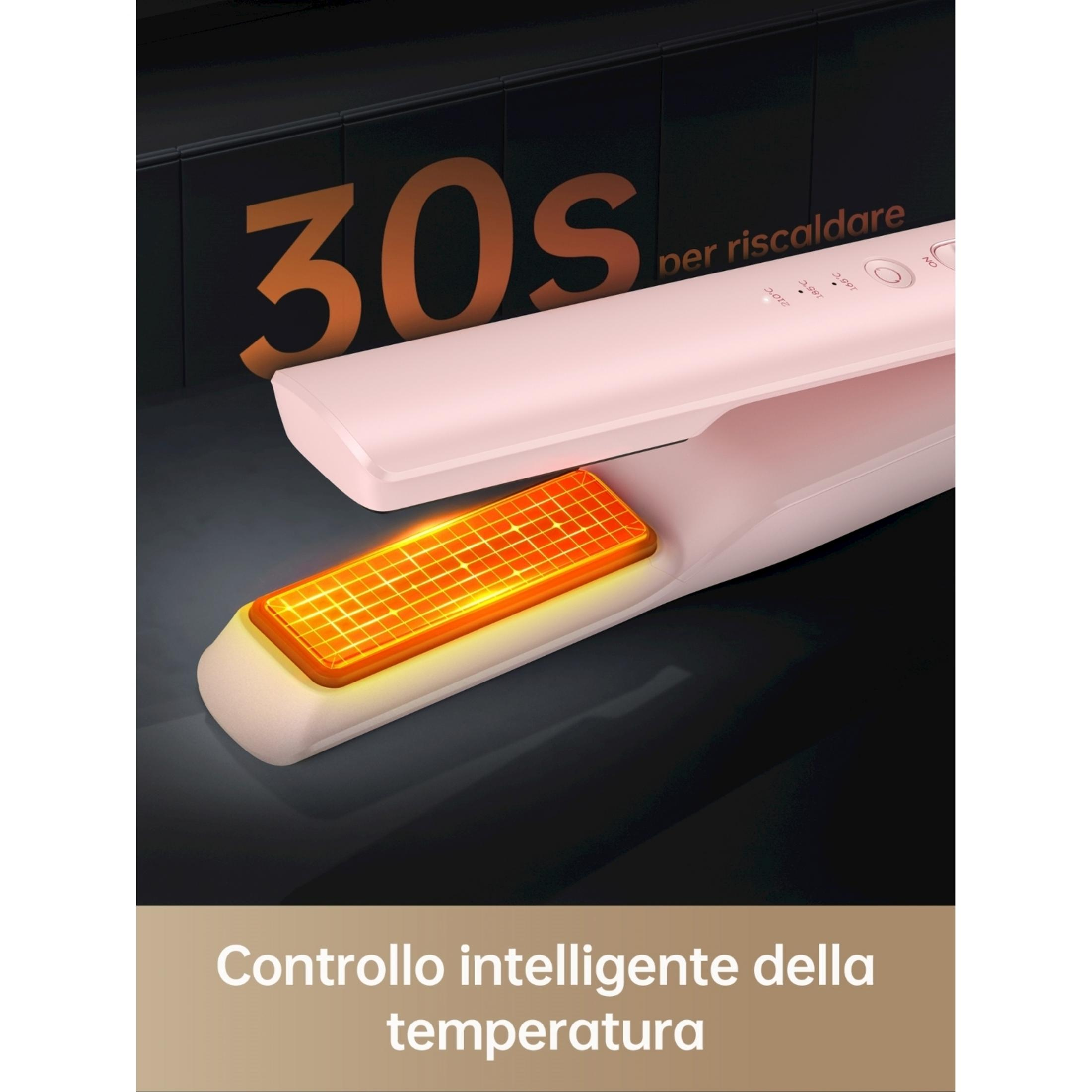 Różowa prostownica z świecącą pomarańczową płytą grzewczą, 30s do nagrzania.