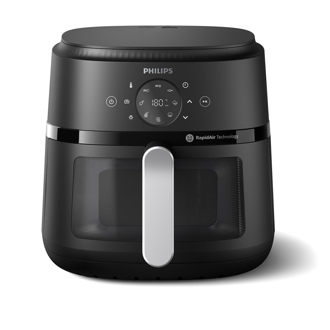 Friteuse à air Philips noire avec écran numérique et poignée argentée.