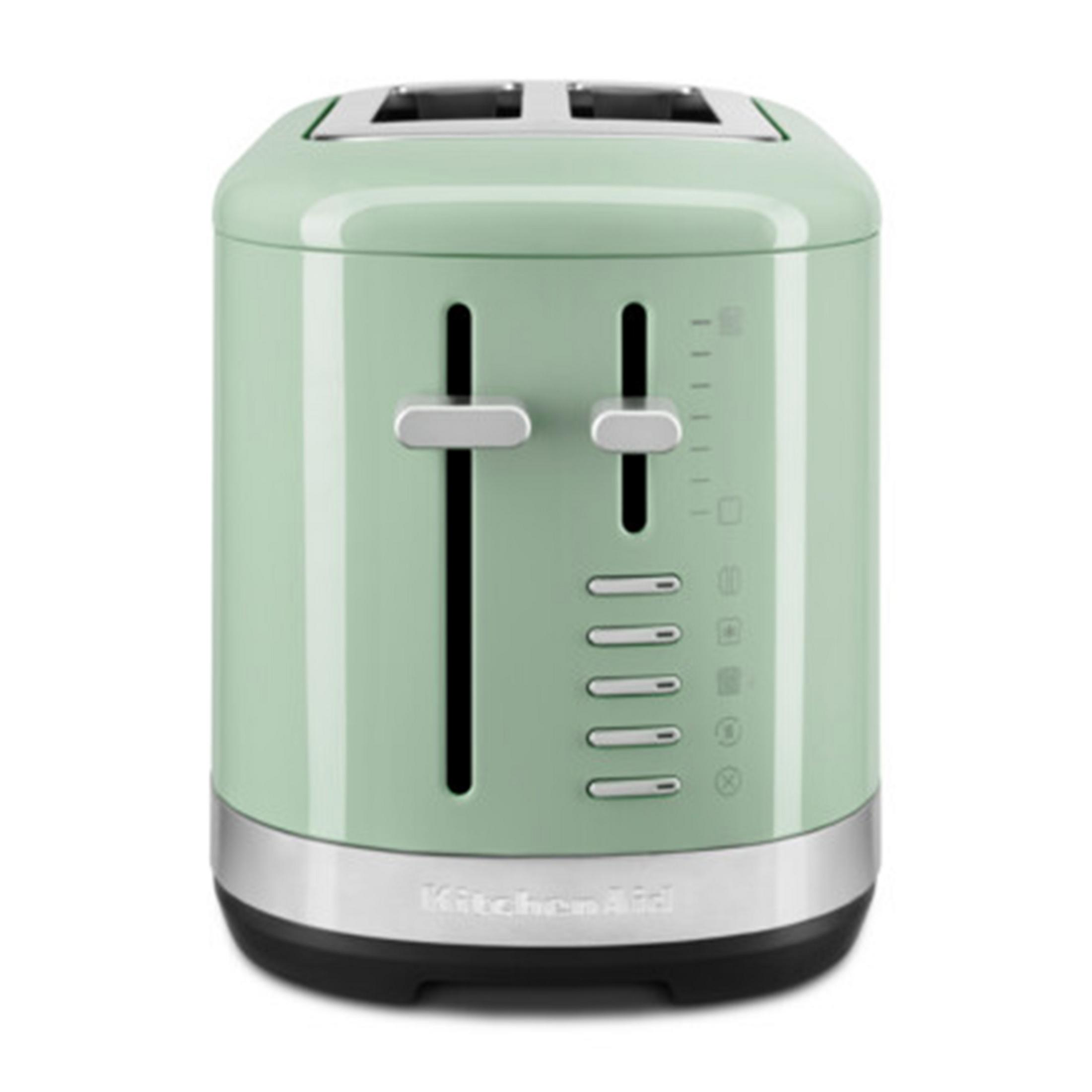 A light green two-slice toaster with silver levers and controls.