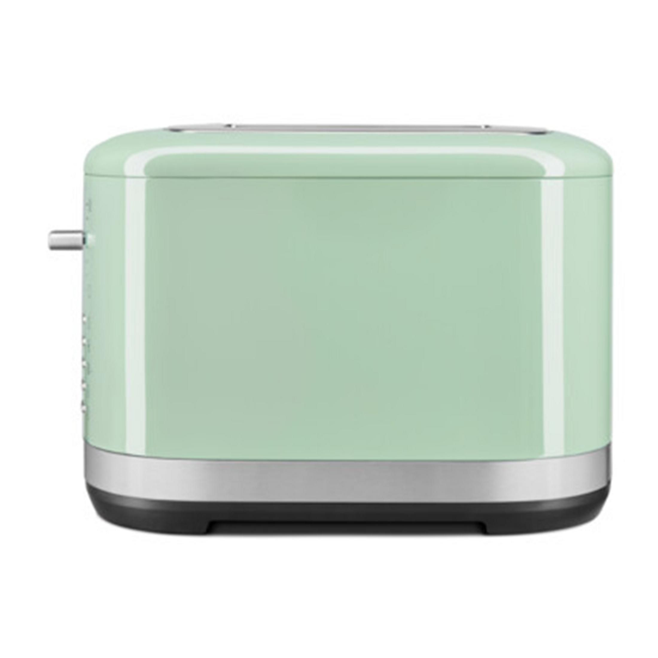 A light green toaster with a silver band and a black base.