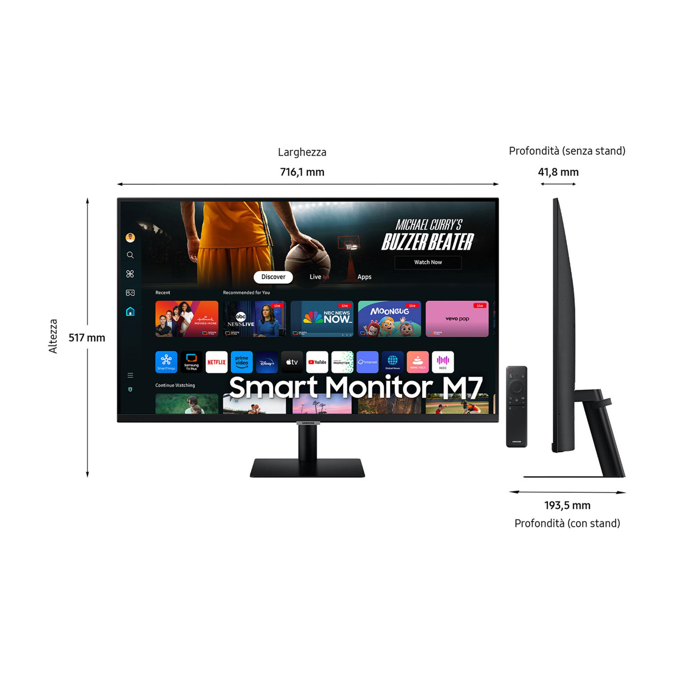 Samsung Smart Monitor M7 z pilotem, wymiarami i podglądami aplikacji.