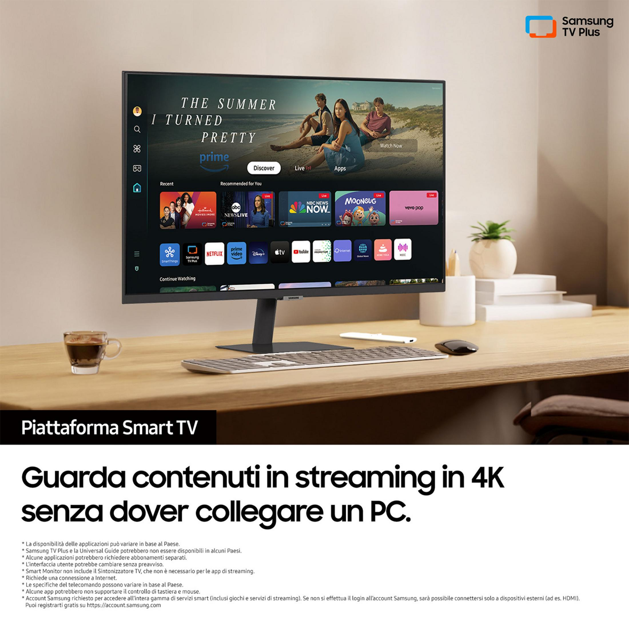 Telewizor Samsung Smart TV z aplikacjami streamingowymi i sceną plażową na ekranie.