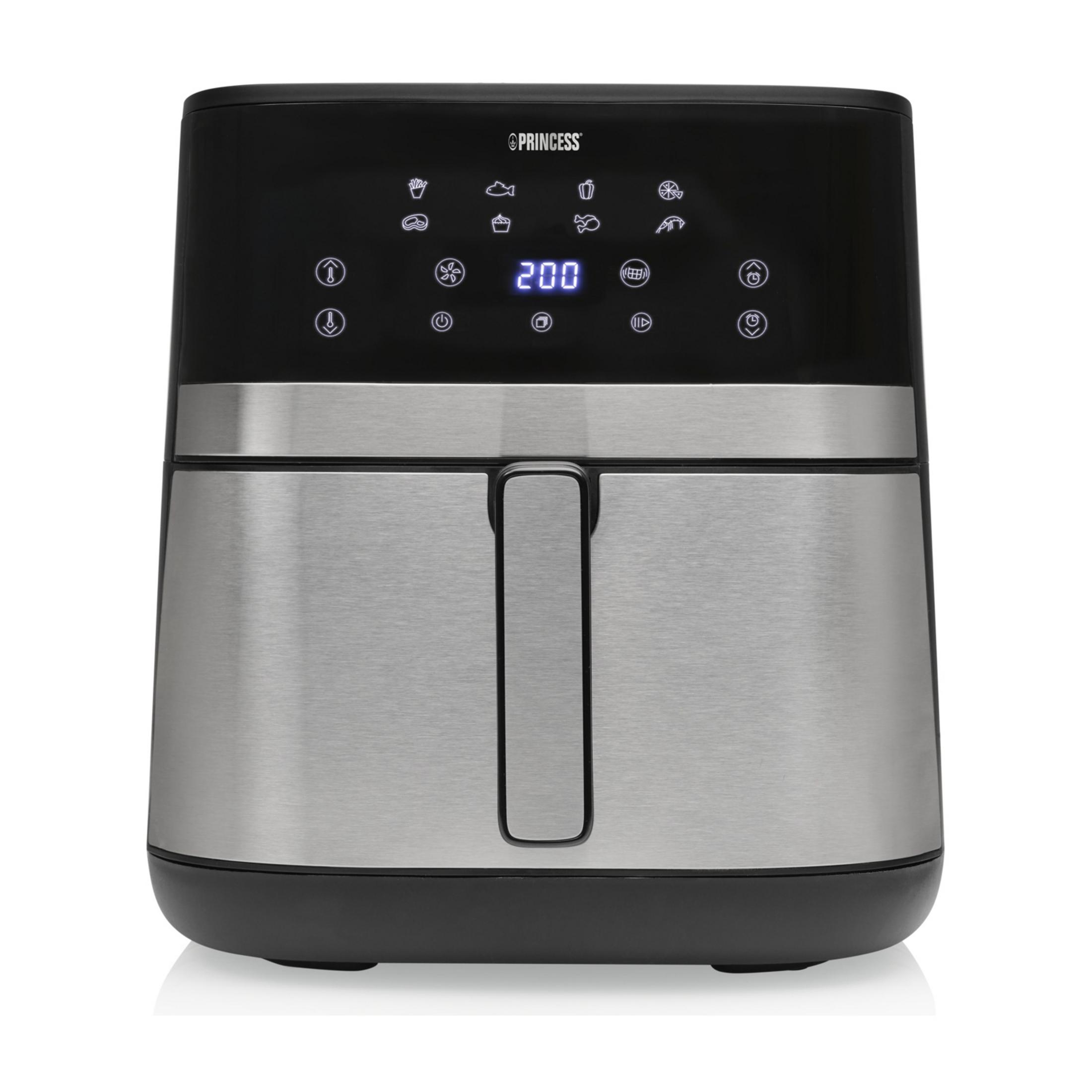 Srebrno-czarna frytkownica beztłuszczowa z cyfrowym wyświetlaczem.