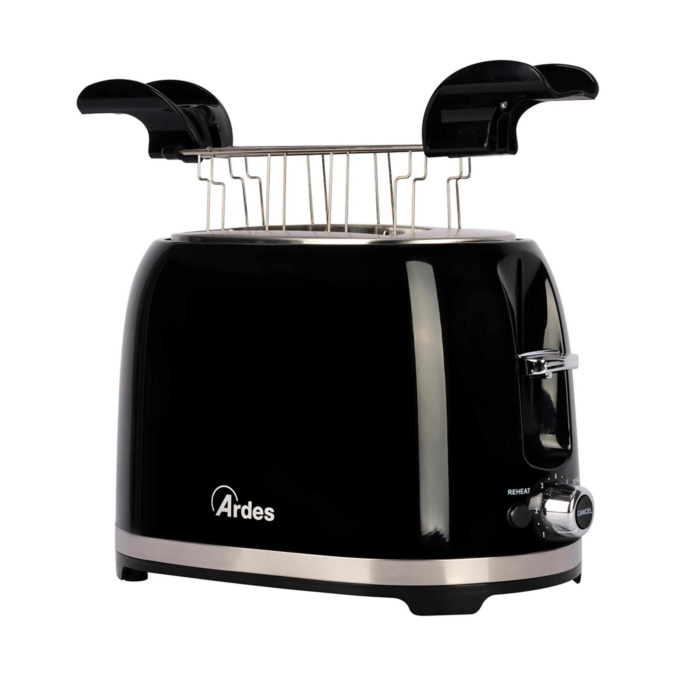 Błyszczący czarny toster z chromowanymi detalami i stelażem do podgrzewania bułek.