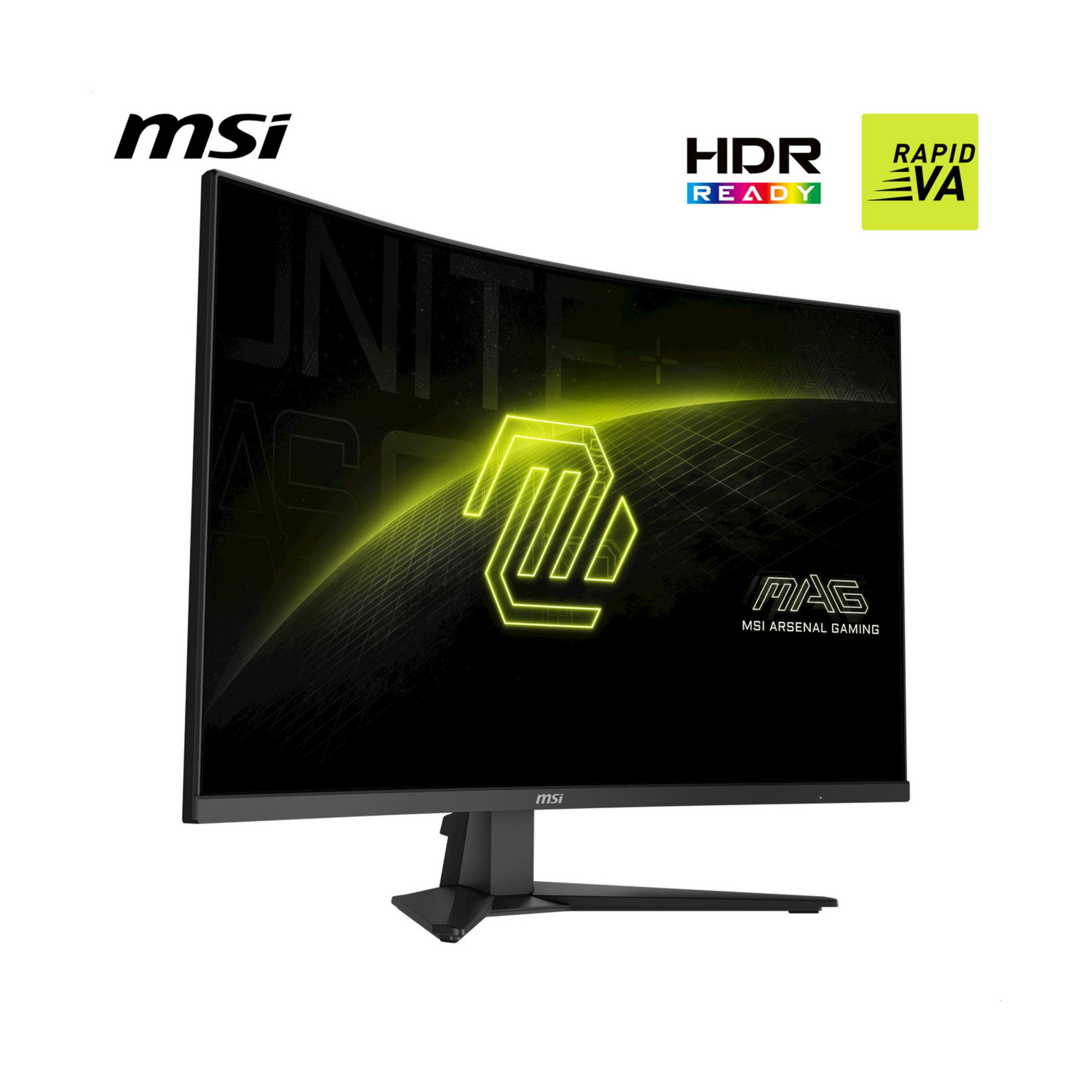 Zakrzywiony monitor gamingowy MSI z żółtą i czarną grafiką.