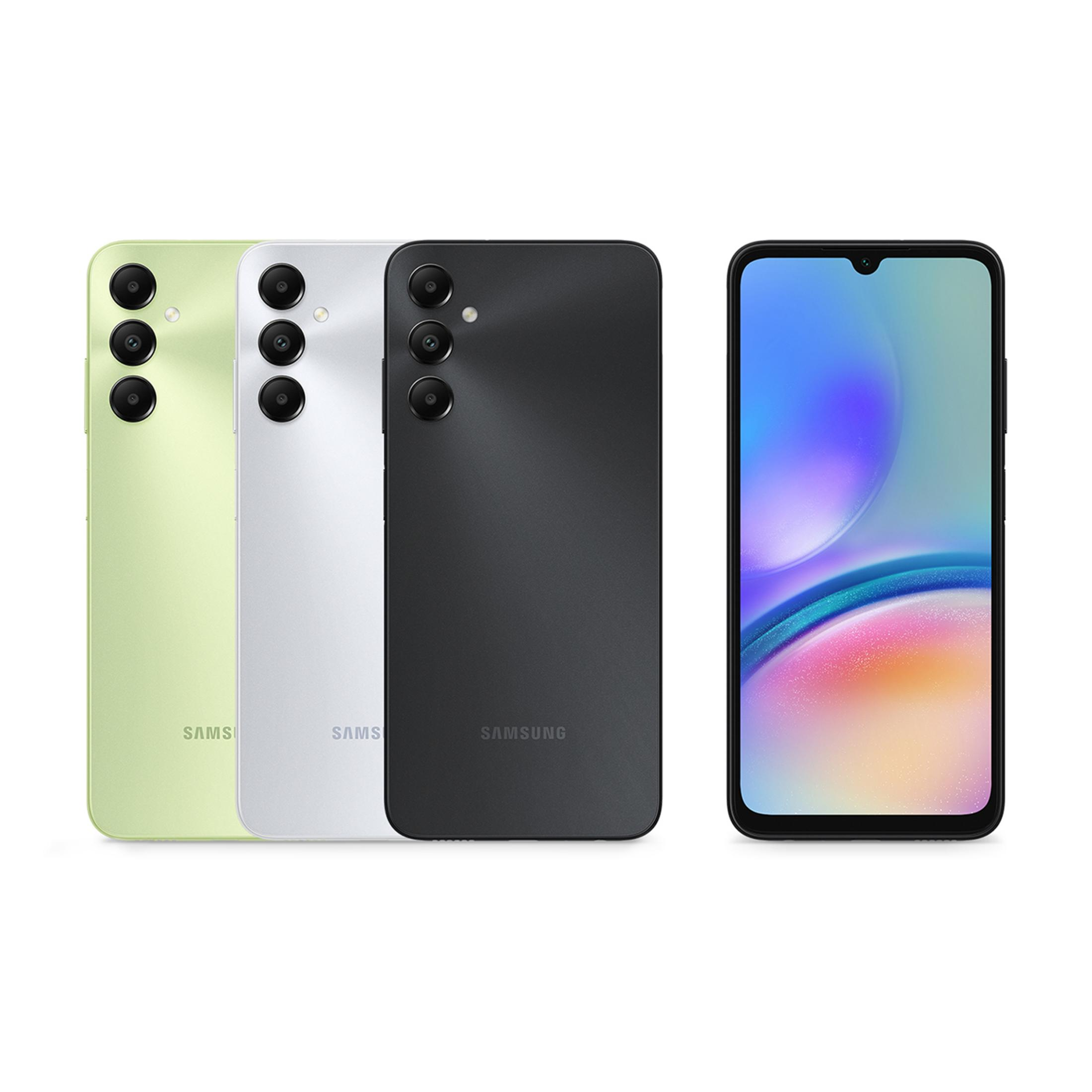 Trzy telefony Samsung: jasnozielony, srebrny, czarny. Po prawej czarny telefon z kolorowym ekranem.