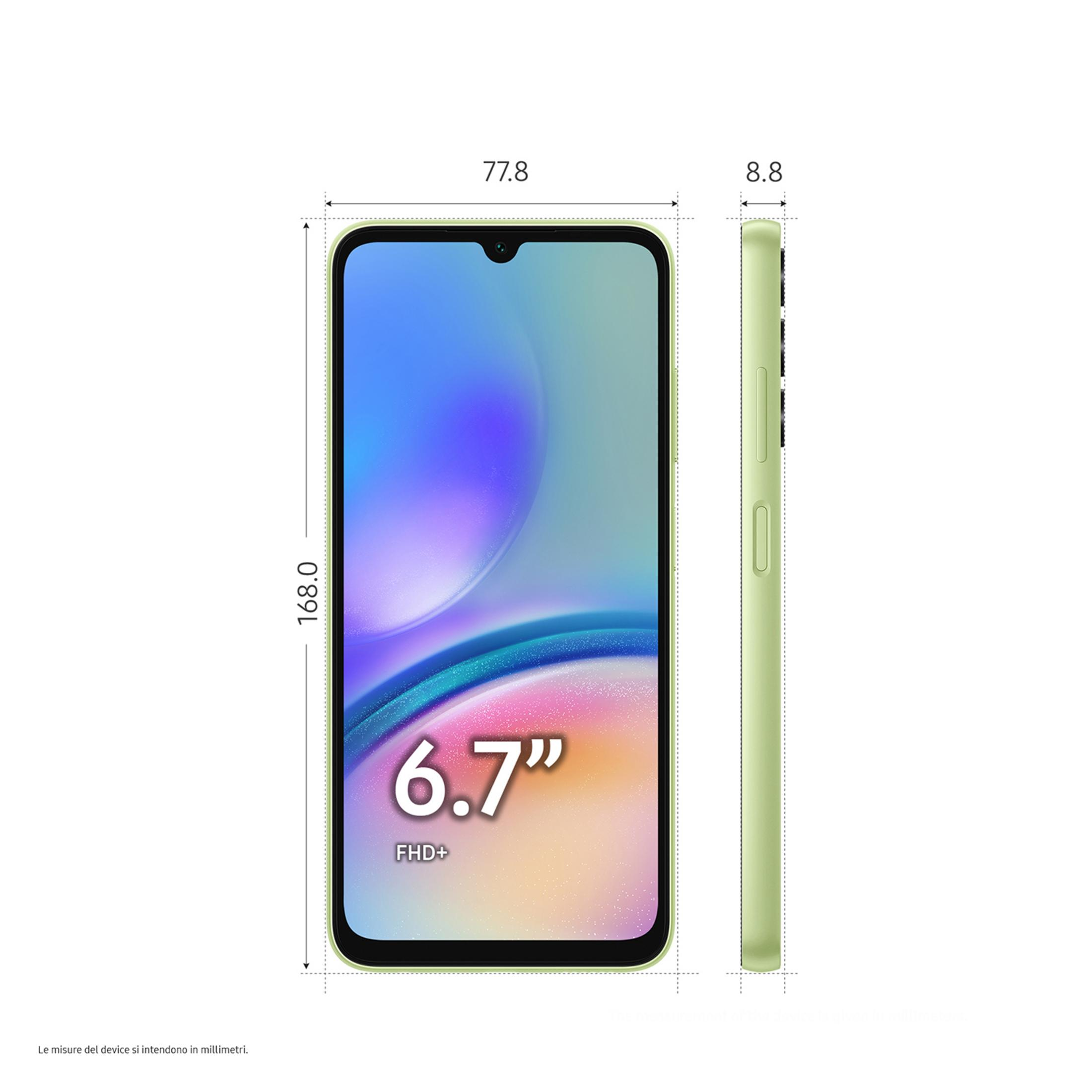 Jasnozielony smartfon z wyświetlaczem FHD+ 6,7 cala, wymiary 168,0 x 77,8 x 8,8 mm.