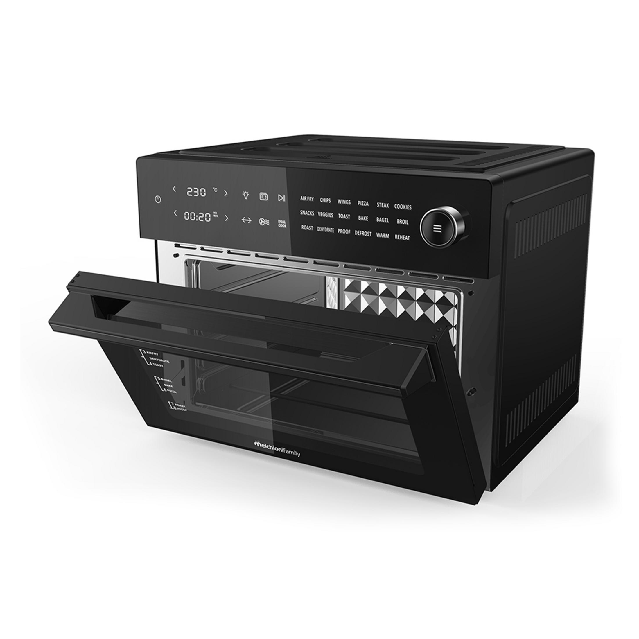 Czarny piekarnik z otwartymi drzwiami, wyświetlający temperaturę i czas.