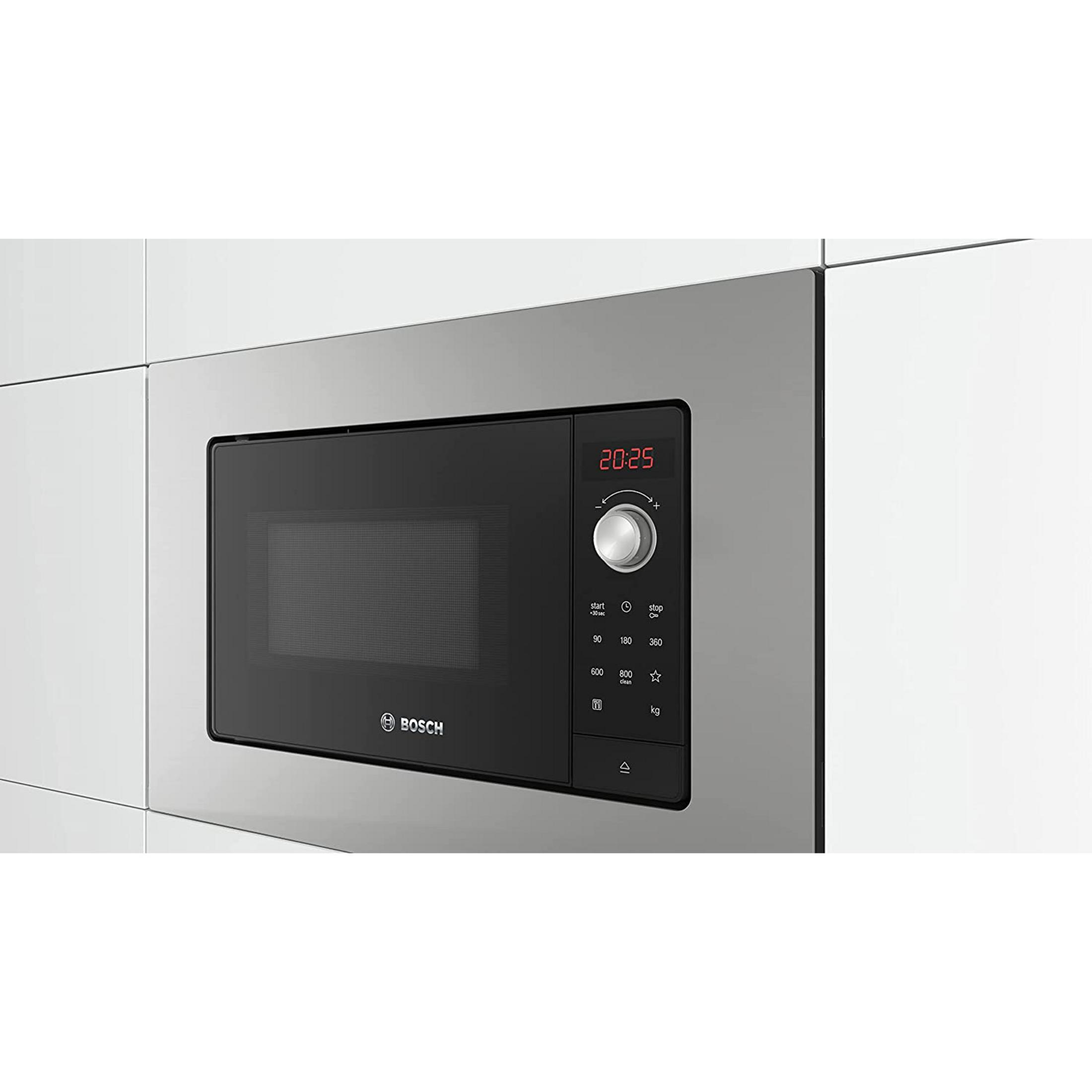 Built-in Bosch microwave with digital display and control buttons.