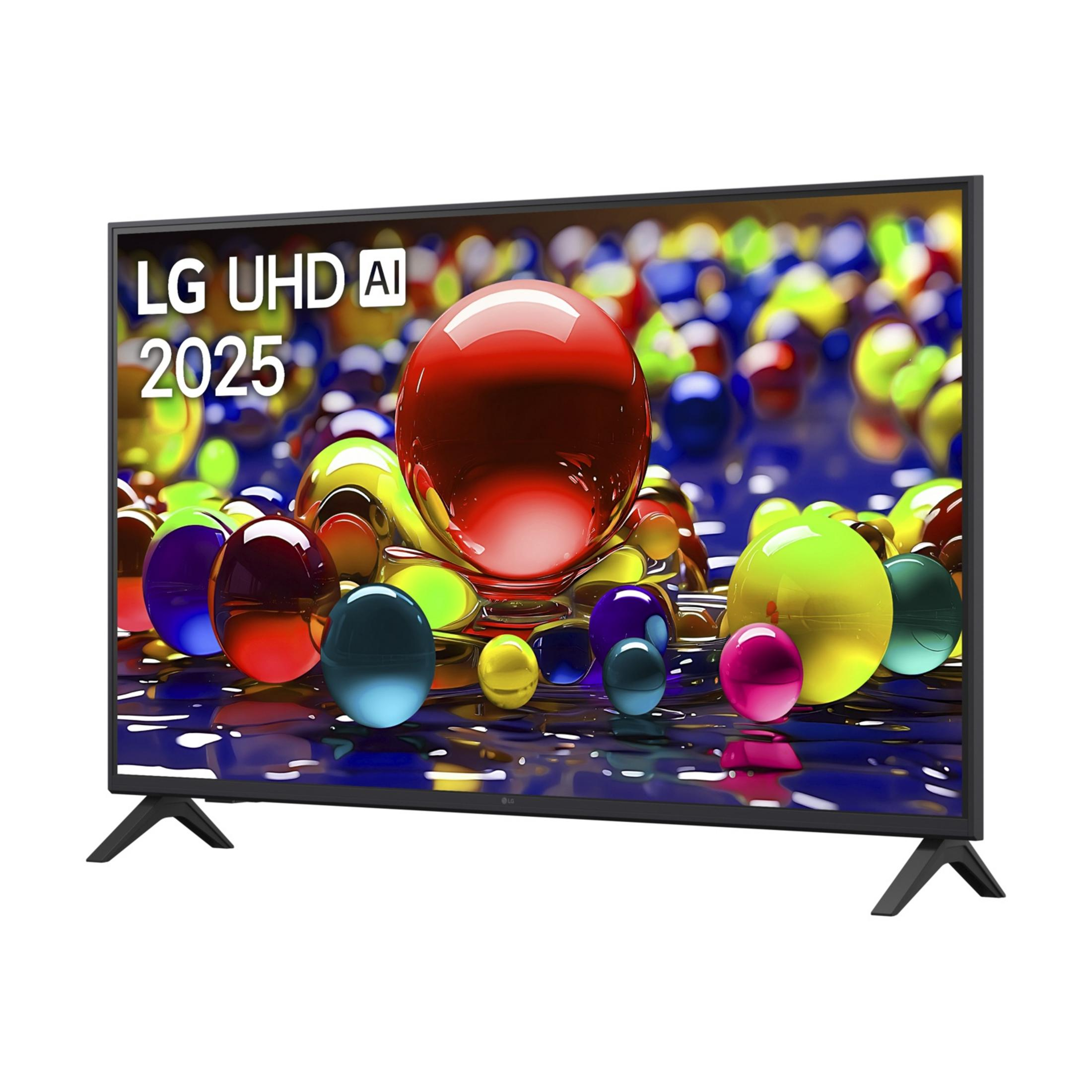 TV LG UHD AI 2025 mostra sfere di vetro colorate su sfondo scuro.