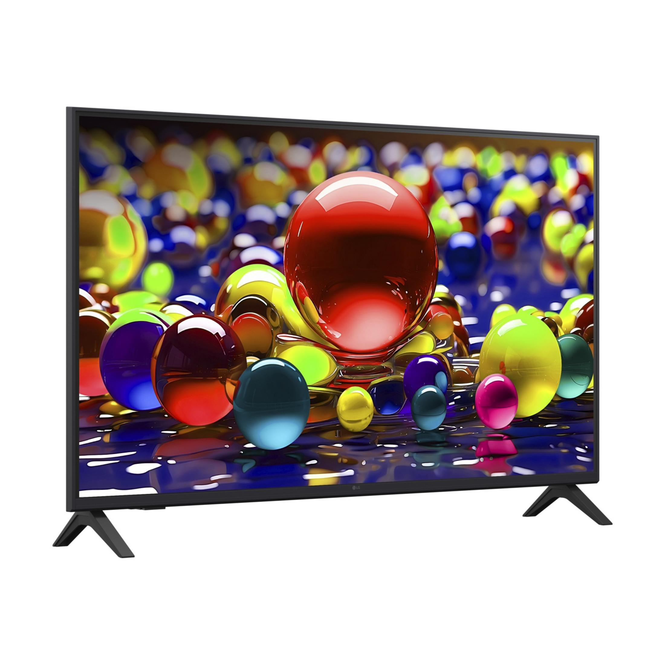 Una TV moderna a schermo piatto mostra un collage colorato di sfere di vetro.