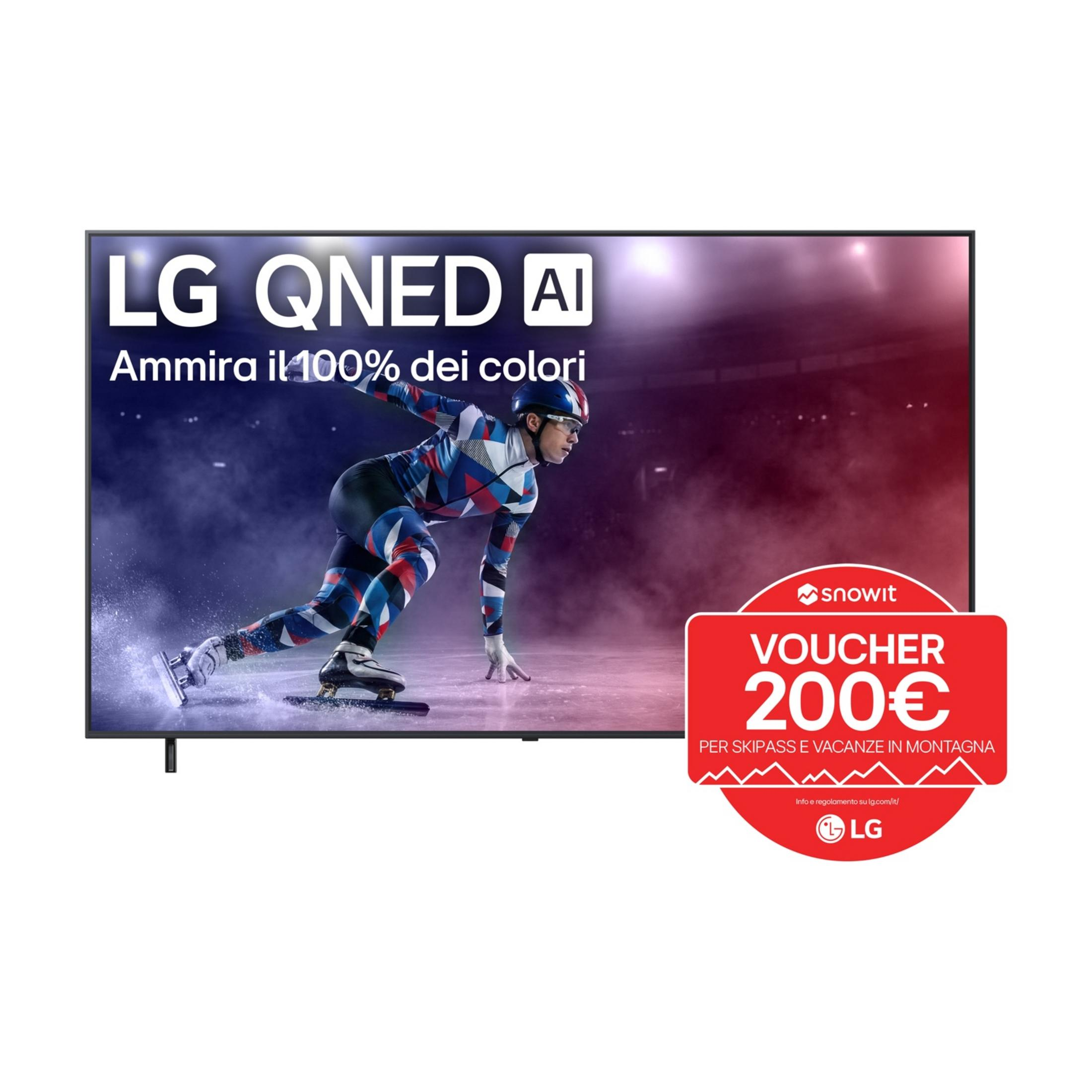 Pattinatore su ghiaccio in tuta colorata, pubblicità TV LG QNED AI.